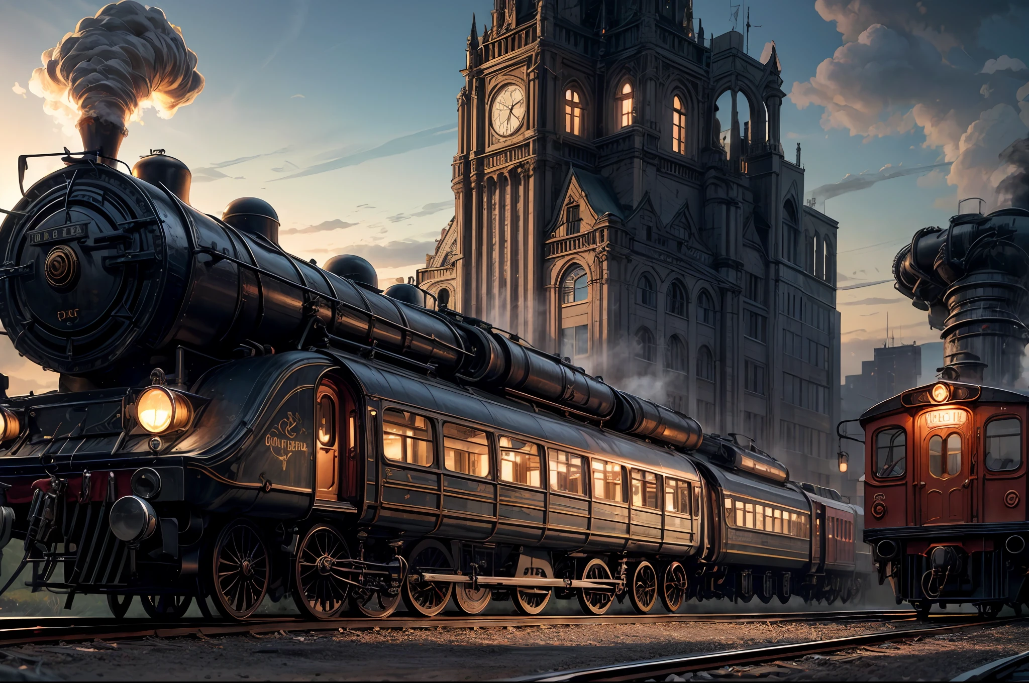 masterpiece, best quality, high quality, extremely detailed 8k unit wallpaper CG, (train station, steampunk), steam train, steampunk outfit, crowded hustle bustle, copper twisting, mechanical clockwork, slick platforms, hazy atmosphere, city smog, billowing steam, clanking metal, fraying cables, (people rushing+people waiting), brass buttons, snappy caps, depth of field, HDR, intricate