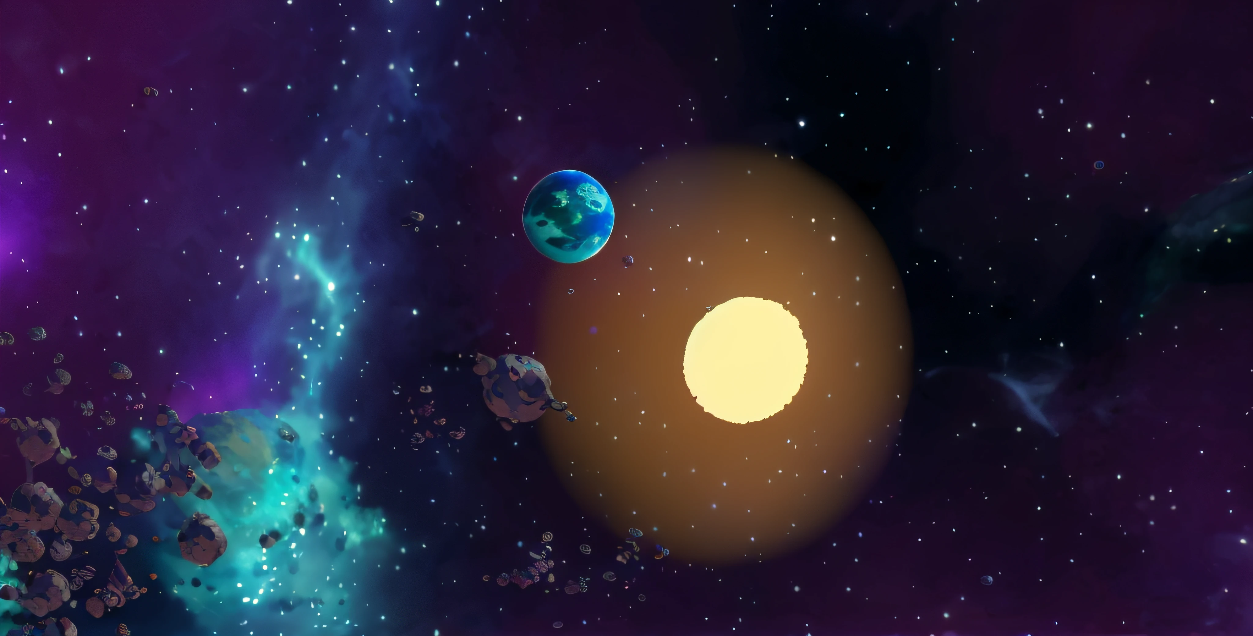 there is a picture of a space scene with a planet and a star, planets in the background, planets behind, planet and stars, two planets colliding, scene in space, outer space environment, orbiting a strange planet, planets colliding, dyson sphere in space, interstellar space setting, large planet in the background, planets crashing, destroyed planet, space scene