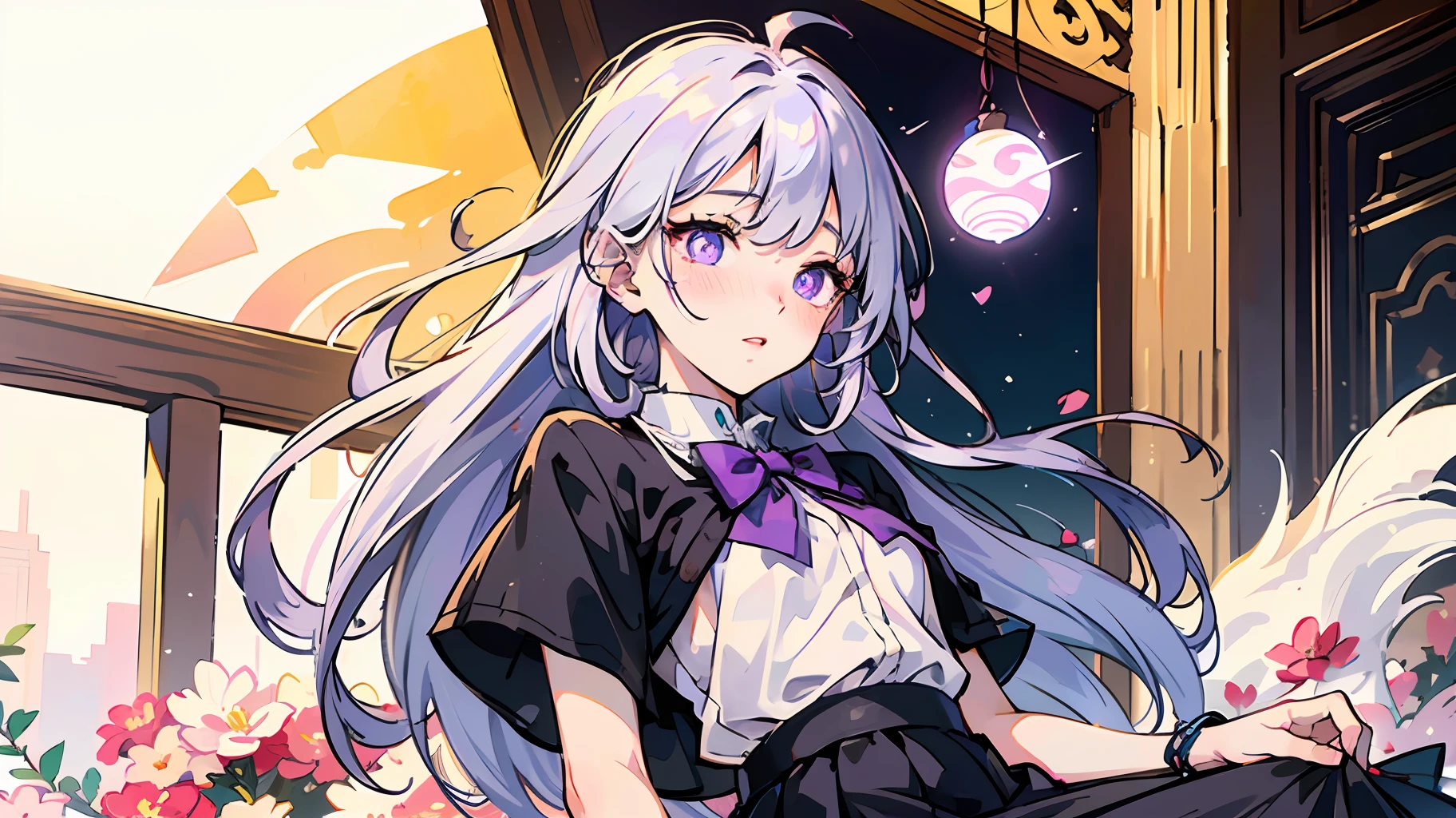 Ultra photo realsisim,1girll,white color hair,Purple pupils,Shining eyes,Cut tops、a skirt,Open lips,Blush cheeks shyly,Brilliant flowers,Bright sun,The sun shines。 --auto