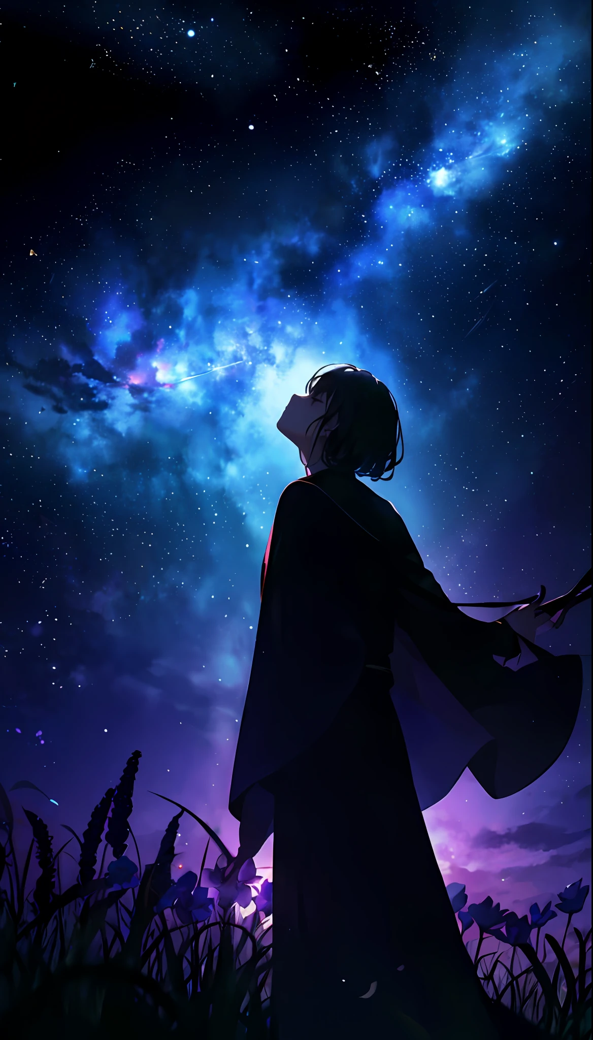 masterpiece、beste-Qualit、highly detaile、(Vast landscape photos:1.5)、Starry sky in full bloom、constellation、Lily flower garden、Volume Lighting、Super Long Shot、Depth、Girl standing in a flower field and looking up at the sky、(zoomed out:1.5)、shadowy、robe blanche、from behind and be、Long distance、Highlight the background、White Dress、siluette