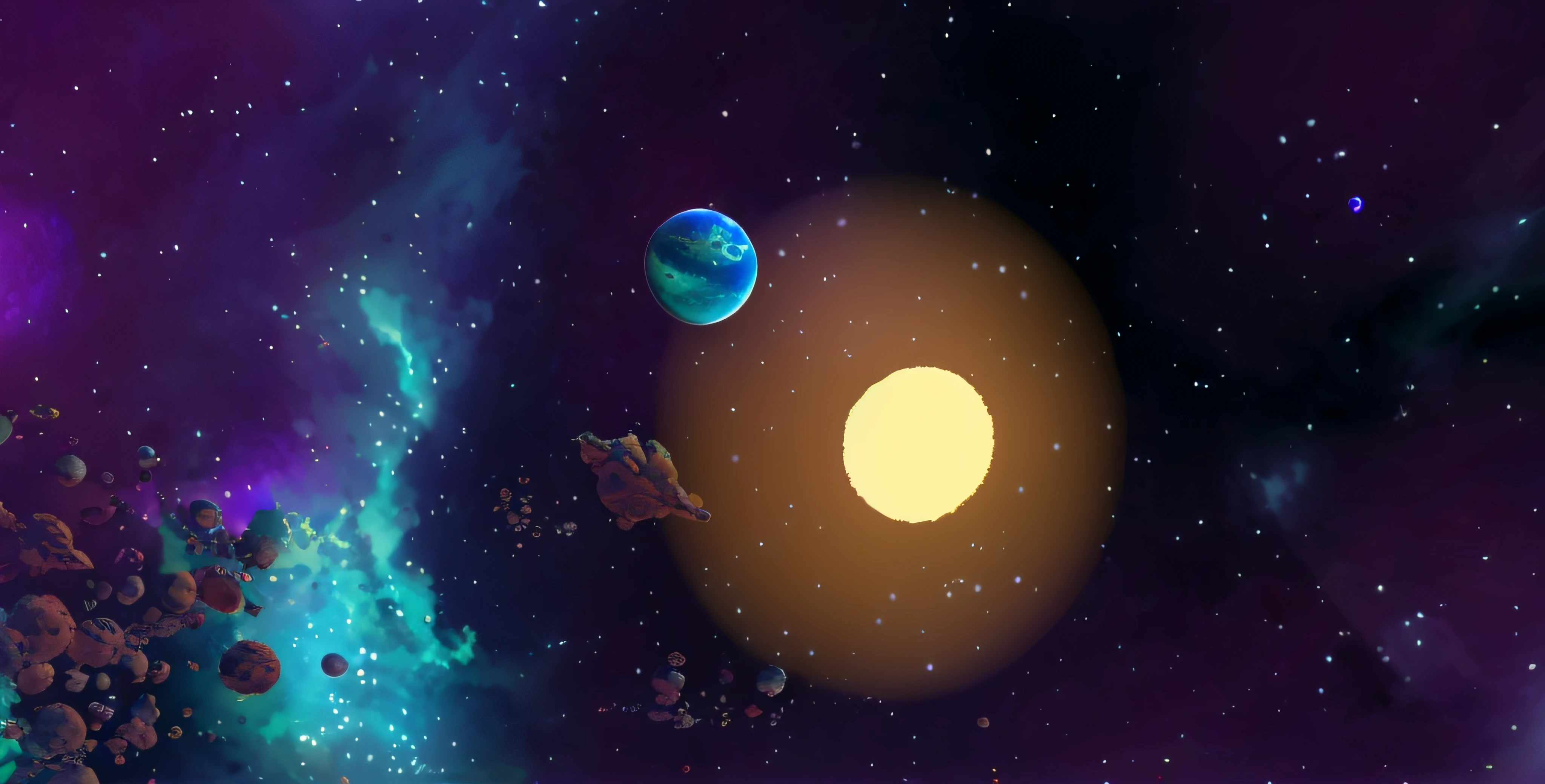 there is a picture of a space scene with a planet and a star, planets in the background, planets behind, planet and stars, two planets colliding, scene in space, outer space environment, orbiting a strange planet, planets colliding, dyson sphere in space, interstellar space setting, large planet in the background, planets crashing, destroyed planet, space scene