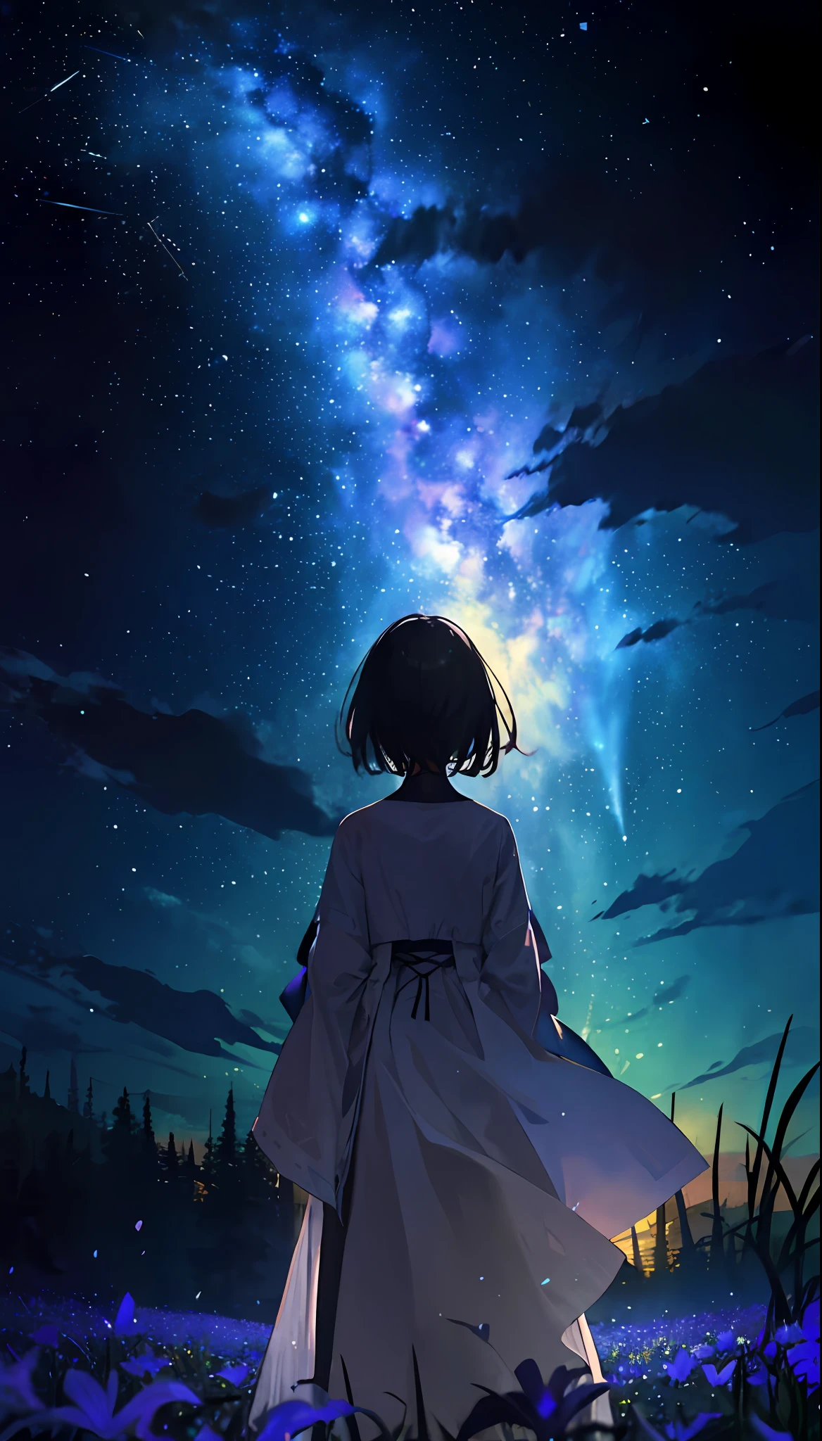 ​masterpiece、beste-Qualit、highly detaile、（Vast landscape photos:1.5）、Starry sky in full bloom、constellation、Lily flower garden、Volume Lighting、Super Long Shot、Depth、Girl standing in a flower field and looking up at the sky、（zoomed out：1.5）、shadowy、robe blanche、from behind and be、Long distance、Highlight the background、White Dress、siluette