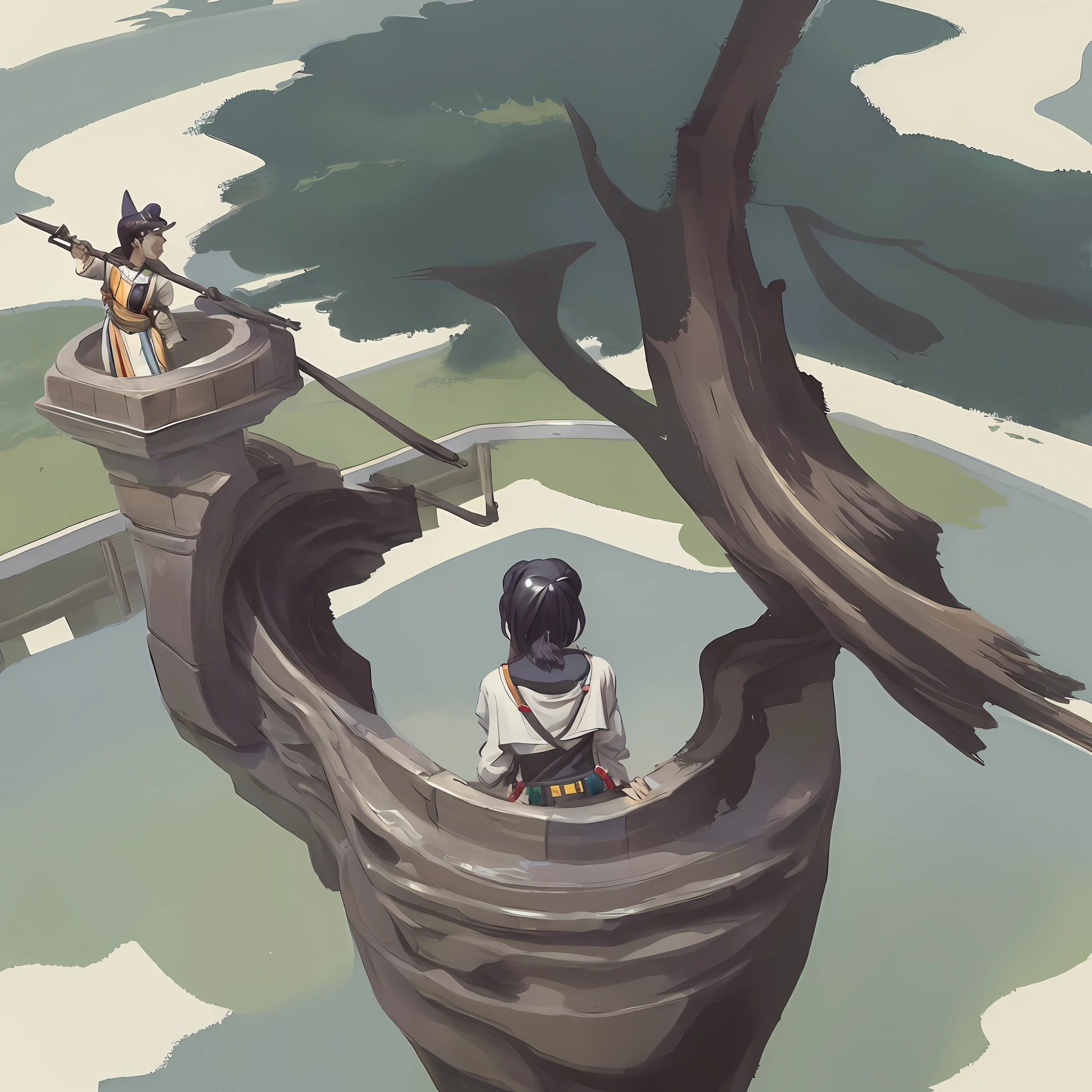 The ancient observation deck of the national style top-down angle partially zooms in on the figures
