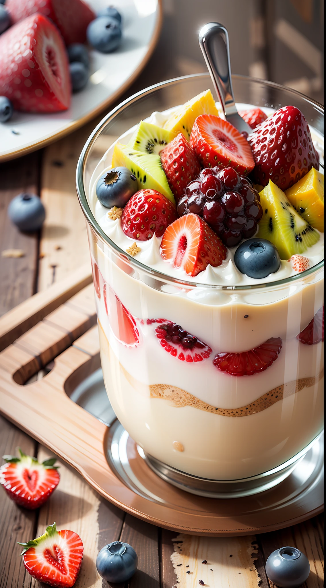 (((Multi-layered jelly))) glass, stained glass windows, Multi-colored highlights, tmasterpiece, Top Quality, Experience, Chic, Boho-chic, a gold, utensil, kettle, a cup, plate, crystals, with floral print, 2 tablespoons chia seeds 1 cup milk (can be cow's milk, vegetable milk or yogurt) 1 teaspoon vanilla extract of your choice (optional) Chopped fresh fruits (For example, strawberries, kiwi, mango, blackberry, raspberry, cherry, carom, blueberries, etc.) Marengo, cookies, for topping --auto --s2