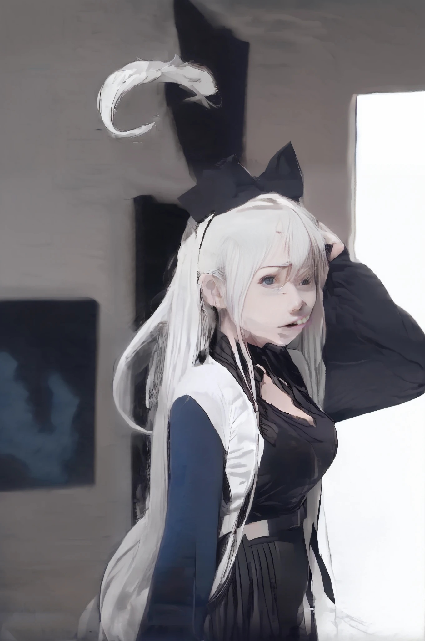 White-haired ,Overlooking,beg,is shy,long whitr hair,浴室,blue color eyes,beast ear,anime big breast,