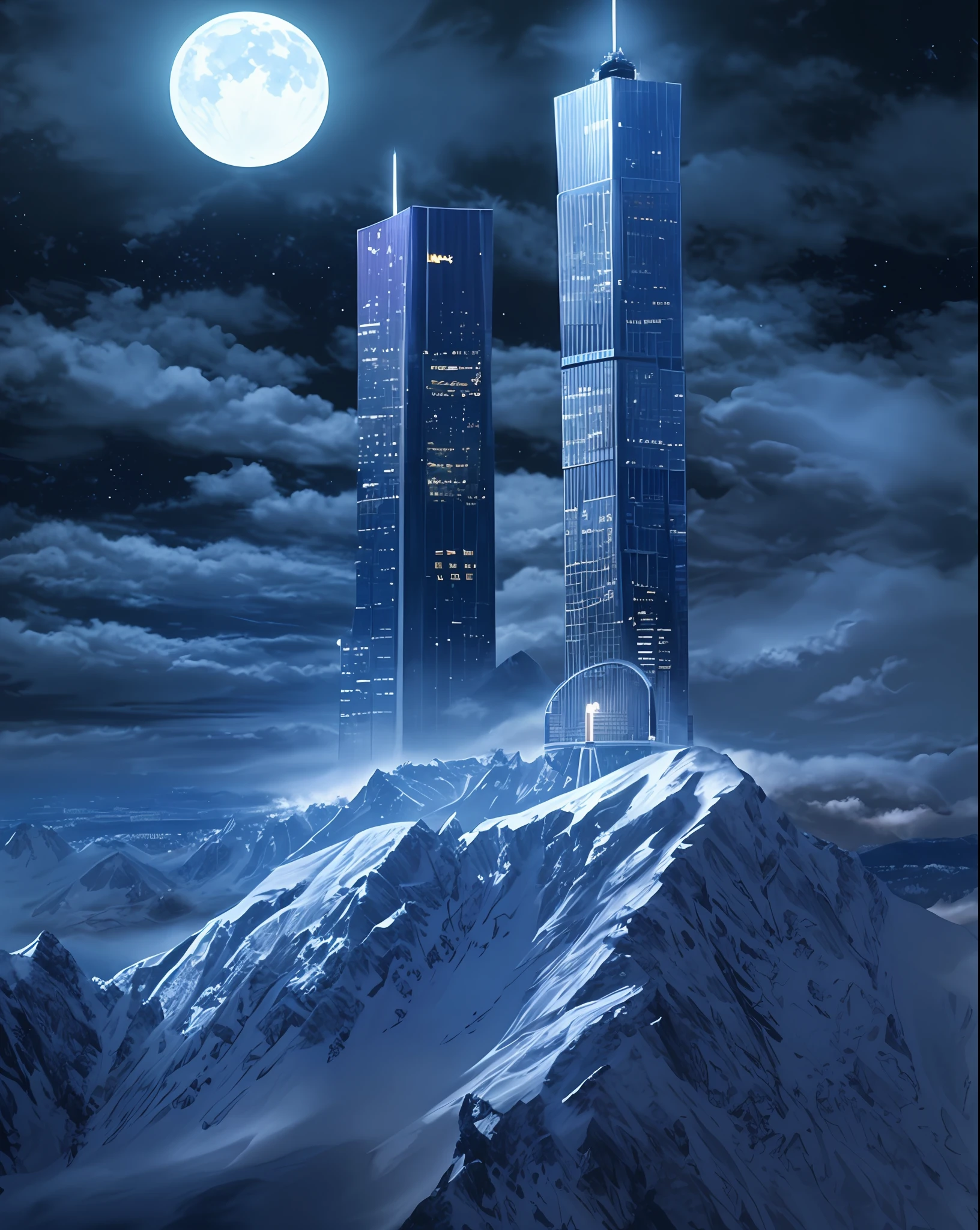 masterpiece, best quality,snowmountain,winter,skyscraper, night, neon lights,moon,lamppost,