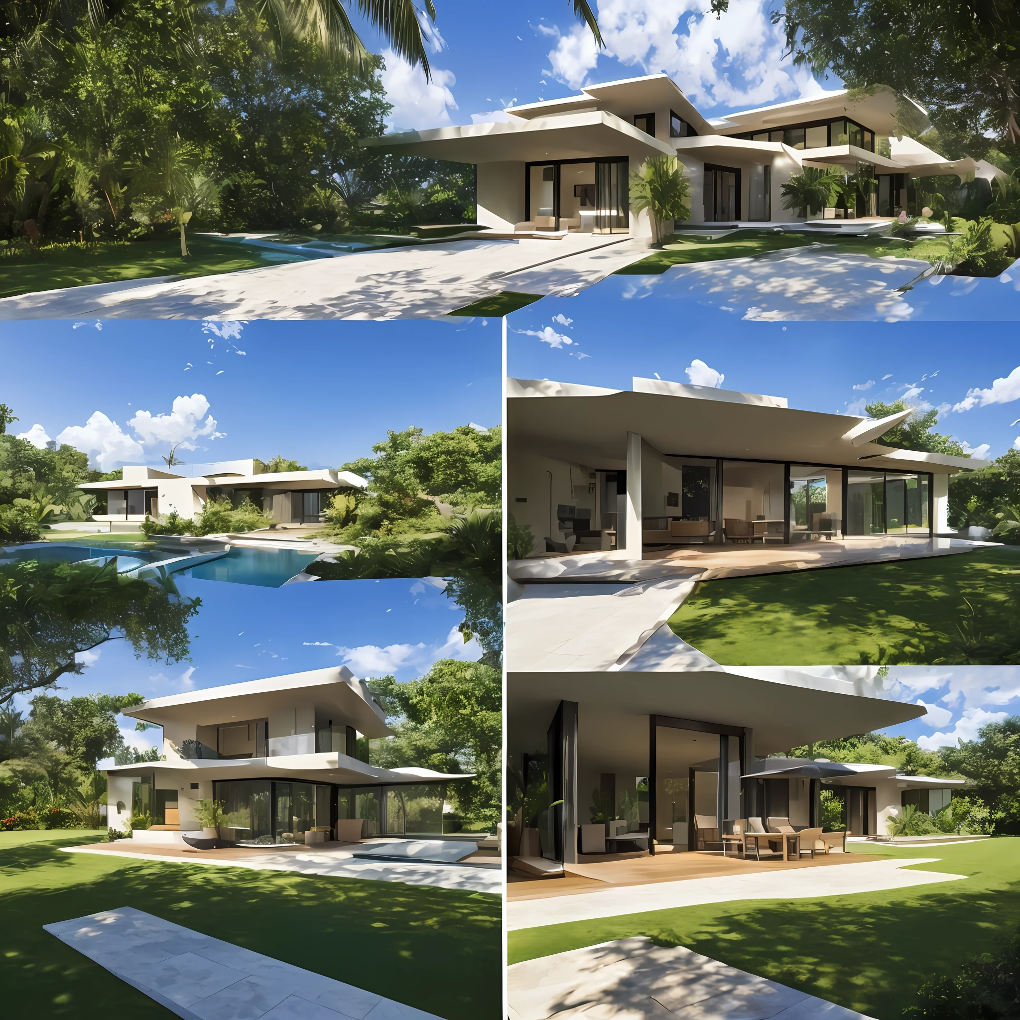 Villas, Landscaping, Sunnyday, tropical, Surrealism, modern, cinematic lighting, three sided view, three sided view, three sided view, three sided view, pov, Eye-Level Shot, Sony FE GM, UHD --auto