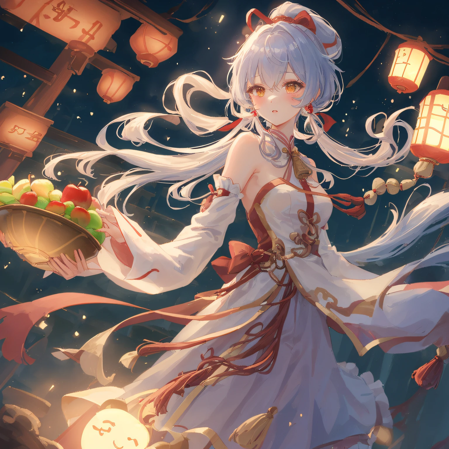 Anime face，Double ball head，grey gradient hair，Dressed in white and red Chinese clothing，Wear hair accessories，Cup-shaped smiley，adolable，in fall，Stand on the Great Wall and look back，the night，Two-dimensional models，4k wallpaper ，nakeness，Playful，Take a Chinese fan --auto