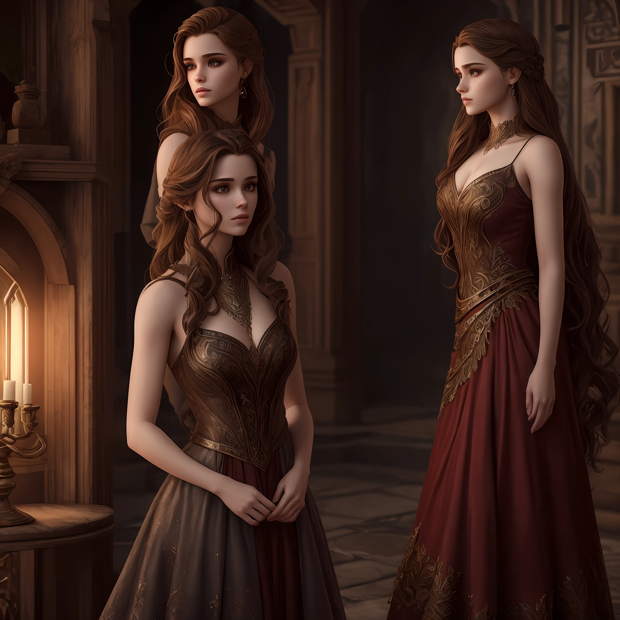 Desenhe vestidos realistas que a Feyre Acheron de acotar usaria, promoting a rustic and magical environment, com foco em detalhes de tecido e textura, curvas sinuosas, realistic 3D dimensions, dramatic lighting and dramatic movement. --auto
