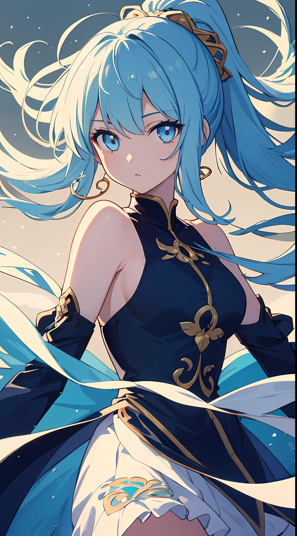 (masterpiece), (best quality), (ultra detailed),(disheveled hair),(illustration), (1girl), (Fashionable clothing), standing, Fashion model, looking at viewer, (interview), (simple background),beautiful detailed eyes, delicate beautiful face, Floating,(high saturation),(colorful splashes),colorful bubble,(shining), focus on face, ponytail, kamisato ayaka, light blue hair, bangs, hair ring, floating flowers, floating hairs, (shining), best lighting, best shadow,