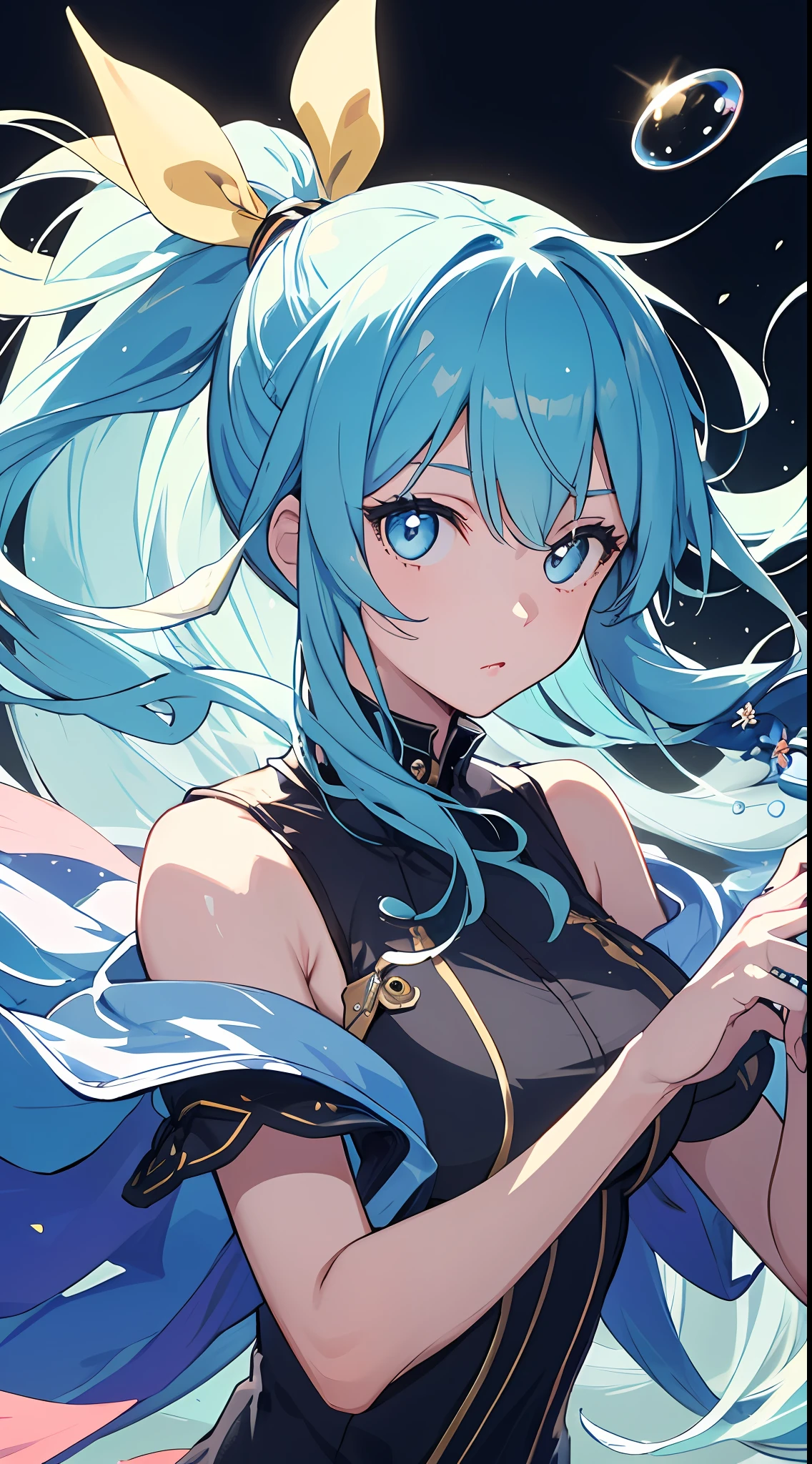 (masterpiece), (best quality), (ultra detailed),(disheveled hair),(illustration), (1girl), (Fashionable clothing), standing, Fashion model, looking at viewer, (interview), (simple background),beautiful detailed eyes, delicate beautiful face, Floating,(high saturation),(colorful splashes),colorful bubble,(shining), focus on face, ponytail, kamisato ayaka, light blue hair, bangs, hair ring, floating flowers, floating hairs, (shining), best lighting, best shadow,
