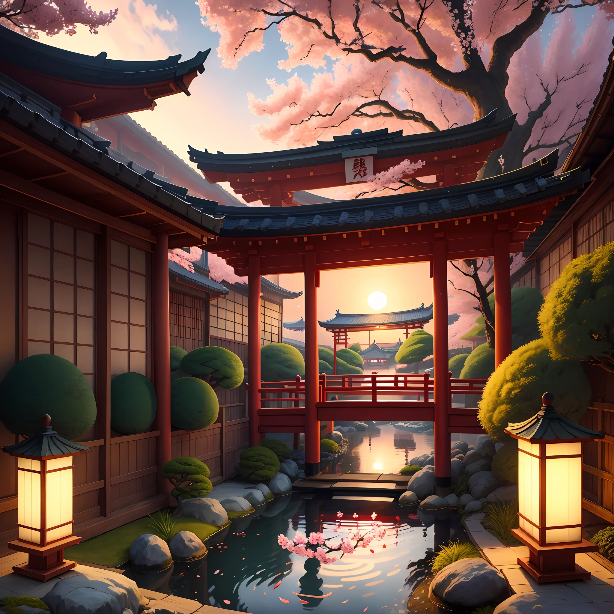 (digital painting),(best quality), serene Japanese garden, cherry blossoms in full bloom, koi pond, footbridge, pagoda, Ukiyo-e art style, Hokusai inspiration, Deviant Art popular, 8k ultra-realistic, pastel color scheme, soft lighting, golden hour, tranquil atmosphere, landscape orientation