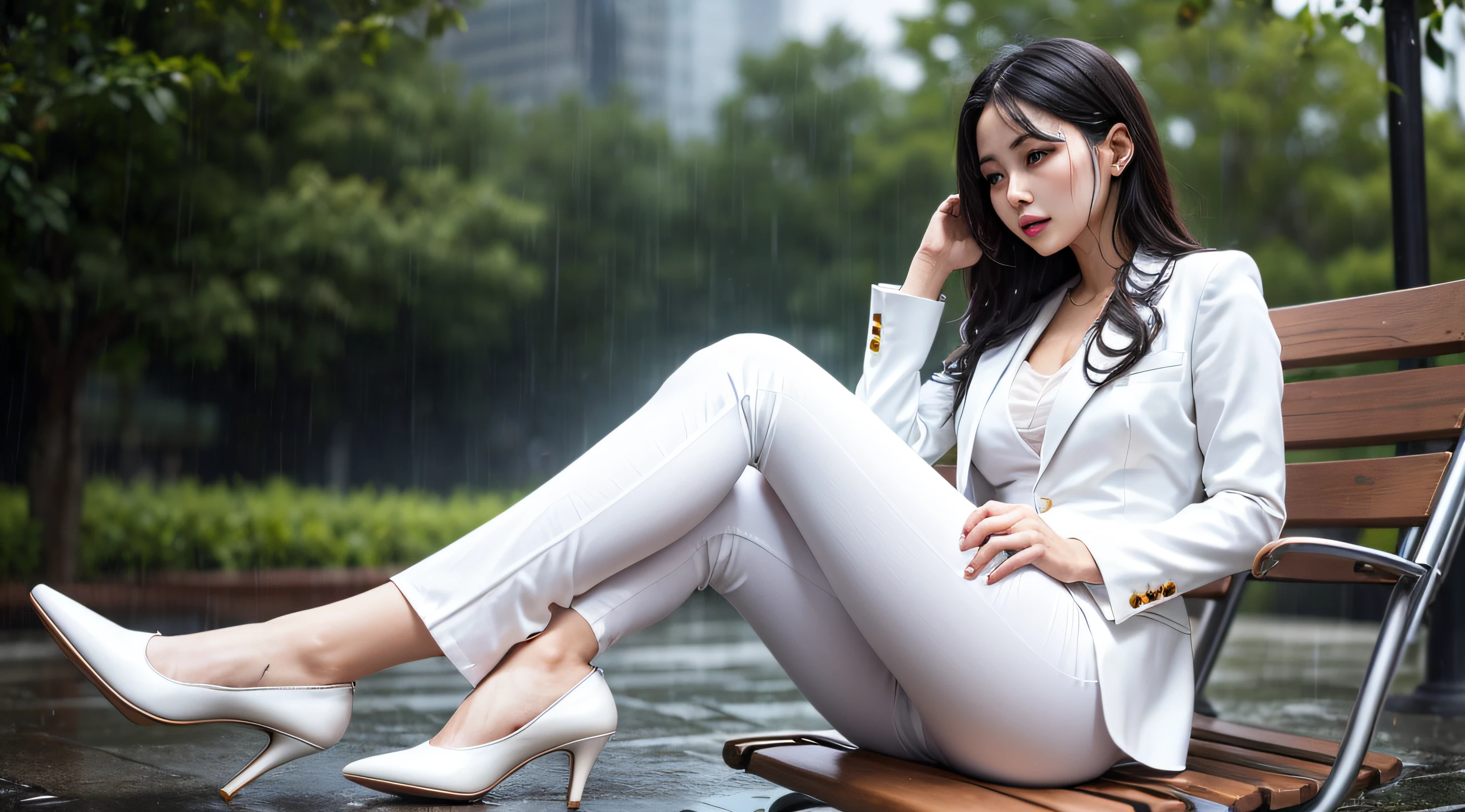 Soaked woman in a white suit sits on a park chair,Wear high heels and white suit pants,It was raining heavily,rain,drenched all over the body
