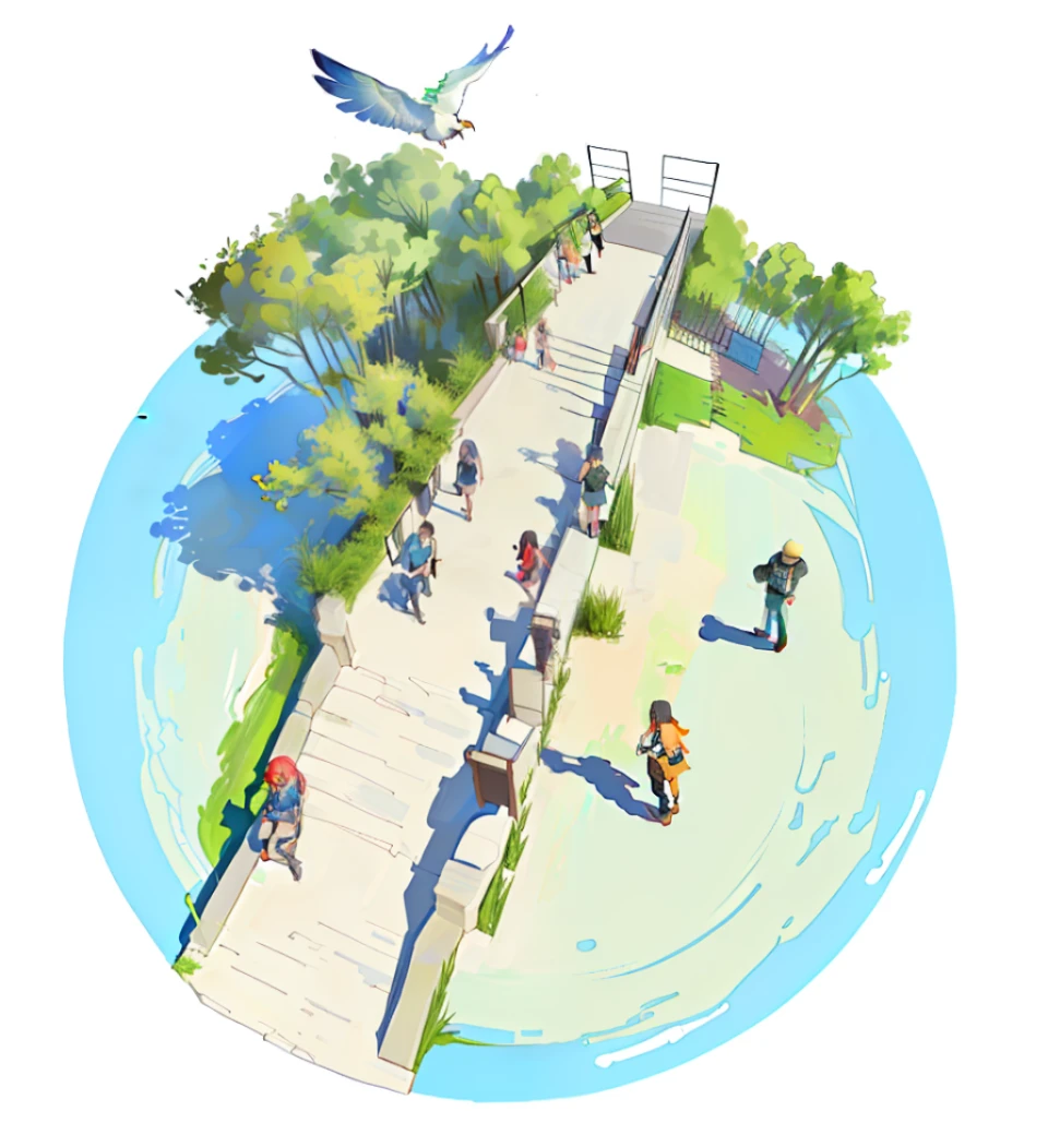 There are a lot of people walking around the park with benches, aerial illustration, Architectural illustration, parks and public space, isometric invironment,  bird's eyes view, 2 d axonometric overhead view,