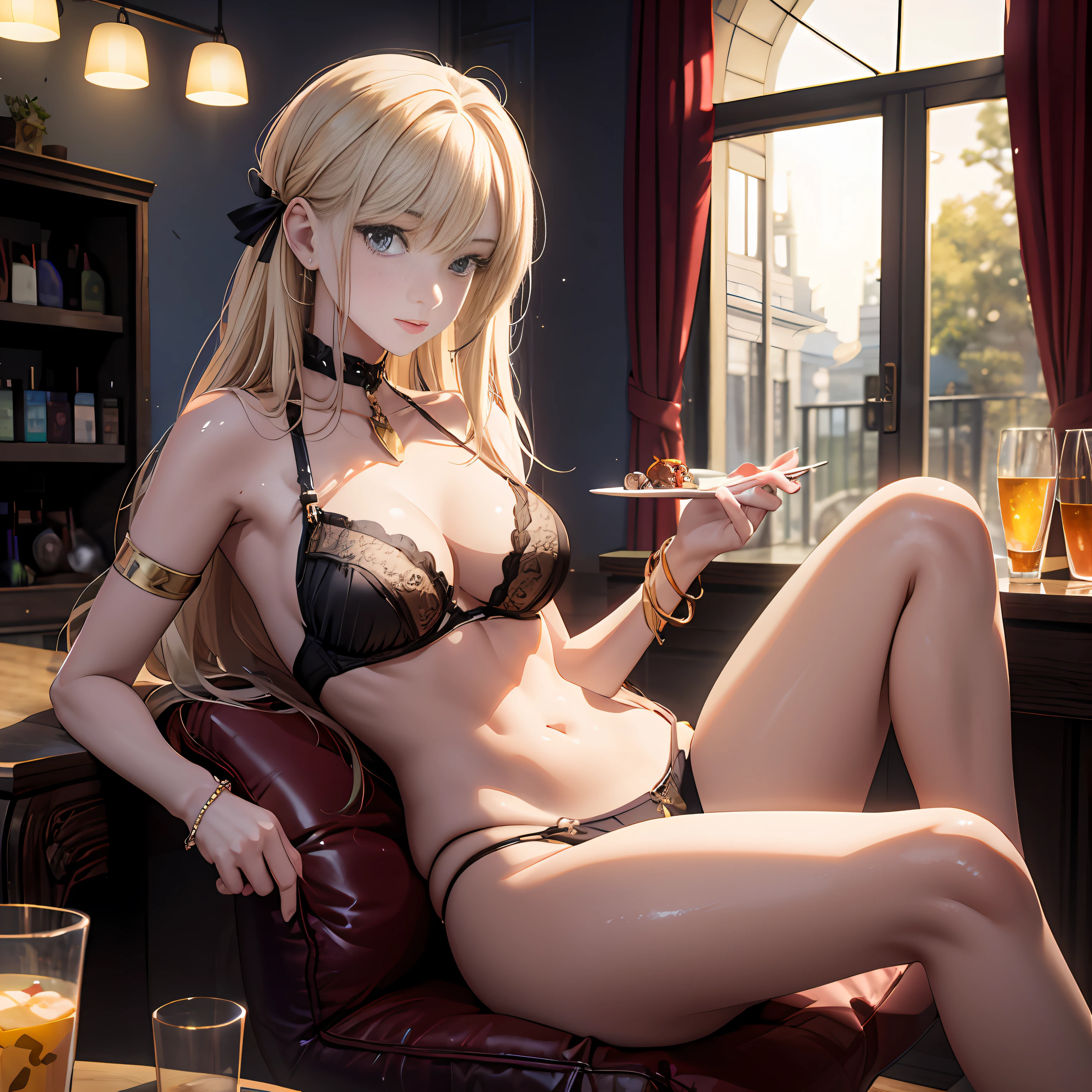 Blonde woman sitting on red chair in black bra blouse, seductive anime girls, photorealistic anime girl rendering, beautiful and seductive anime woman, Anime. Soft lighting, 3 d anime realistic, attractive anime girls, Beautiful anime girl, Surrealism female students, Surrealism female students, Smooth anime CG art, Anime girl, Photorealistic anime, Realistic anime 3 D style Good looking hands