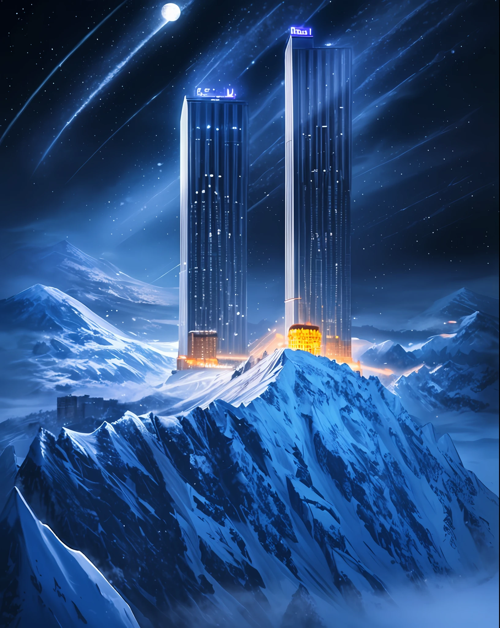 masterpiece, best quality,snowmountain,winter,skyscraper, night, neon lights,moon,lamppost,