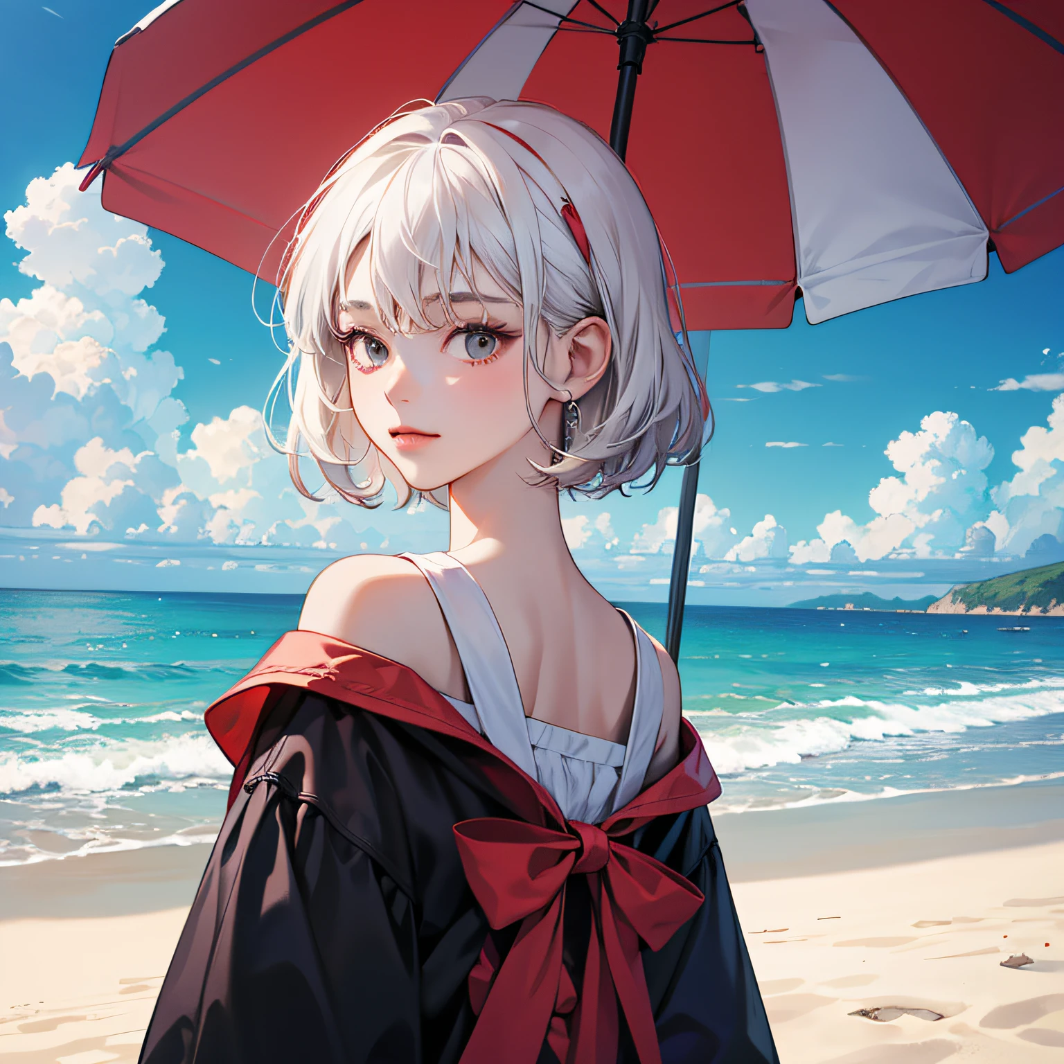 16 yaers old,s girl,The upper part of the body,White and red top,short detailed hair,White color hair,夏天,beachside,baiyun,Positive side face,surrealism, shadowing, anaglyph, stereograms, tachi-e, angle of view, Atmospheric perspective, 8K, Super detail, ccurate, Best quality --auto