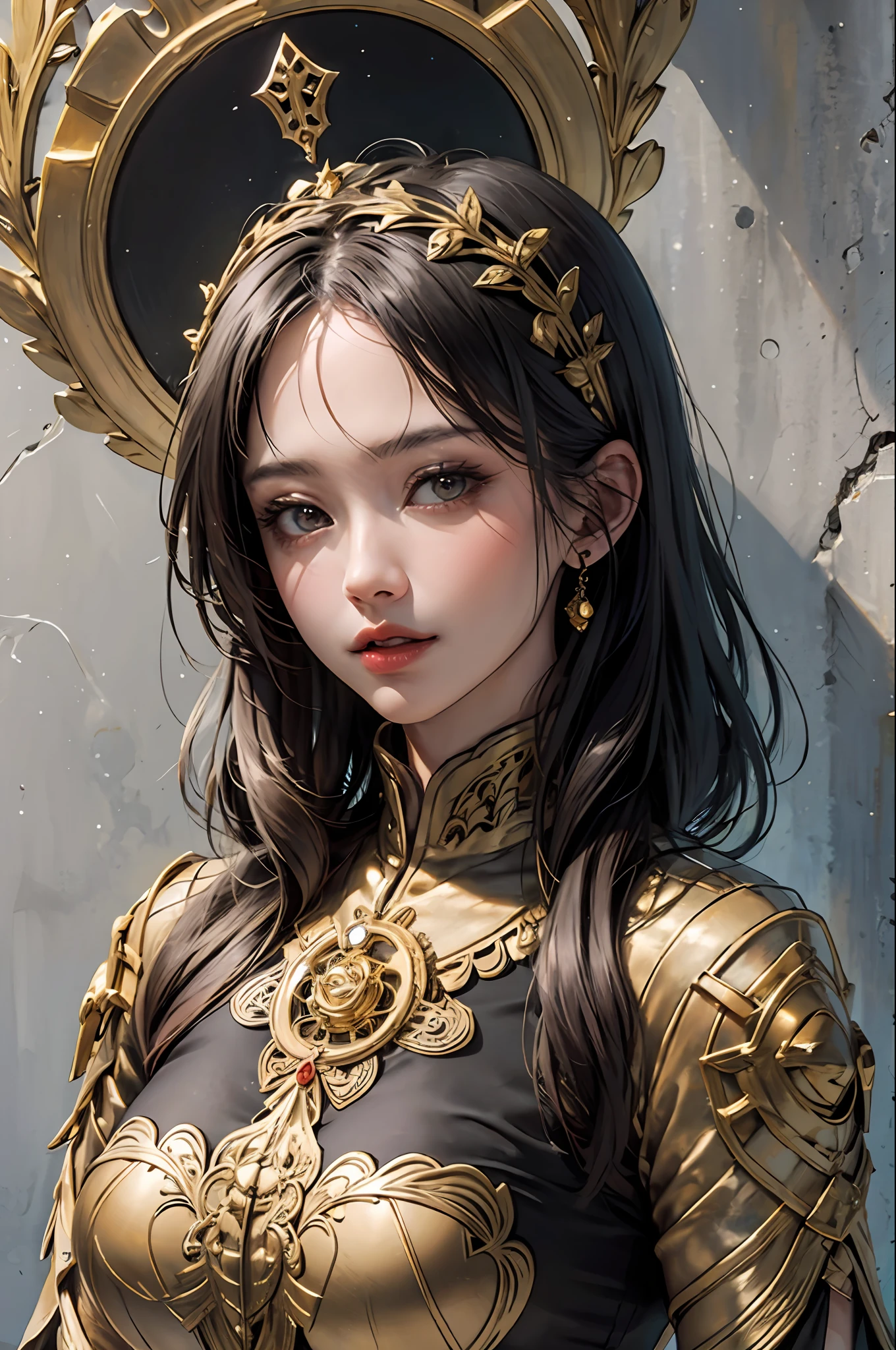 (masterpiece, top quality, best quality, official art, beautiful and aesthetic:1.2), (1girl), extreme detailed,colorful,highest detailed, official art, unity 8k wallpaper, ultra detailed, beautiful and aesthetic, beautiful, masterpiece, best quality, (zentangle, mandala, tangle, entangle) ,holy light,gold foil,gold leaf art,glitter drawing, PerfectNwsjMajic,Vietnamese traditional costume ao dai ,I can see her whole body , chubby,big boobs