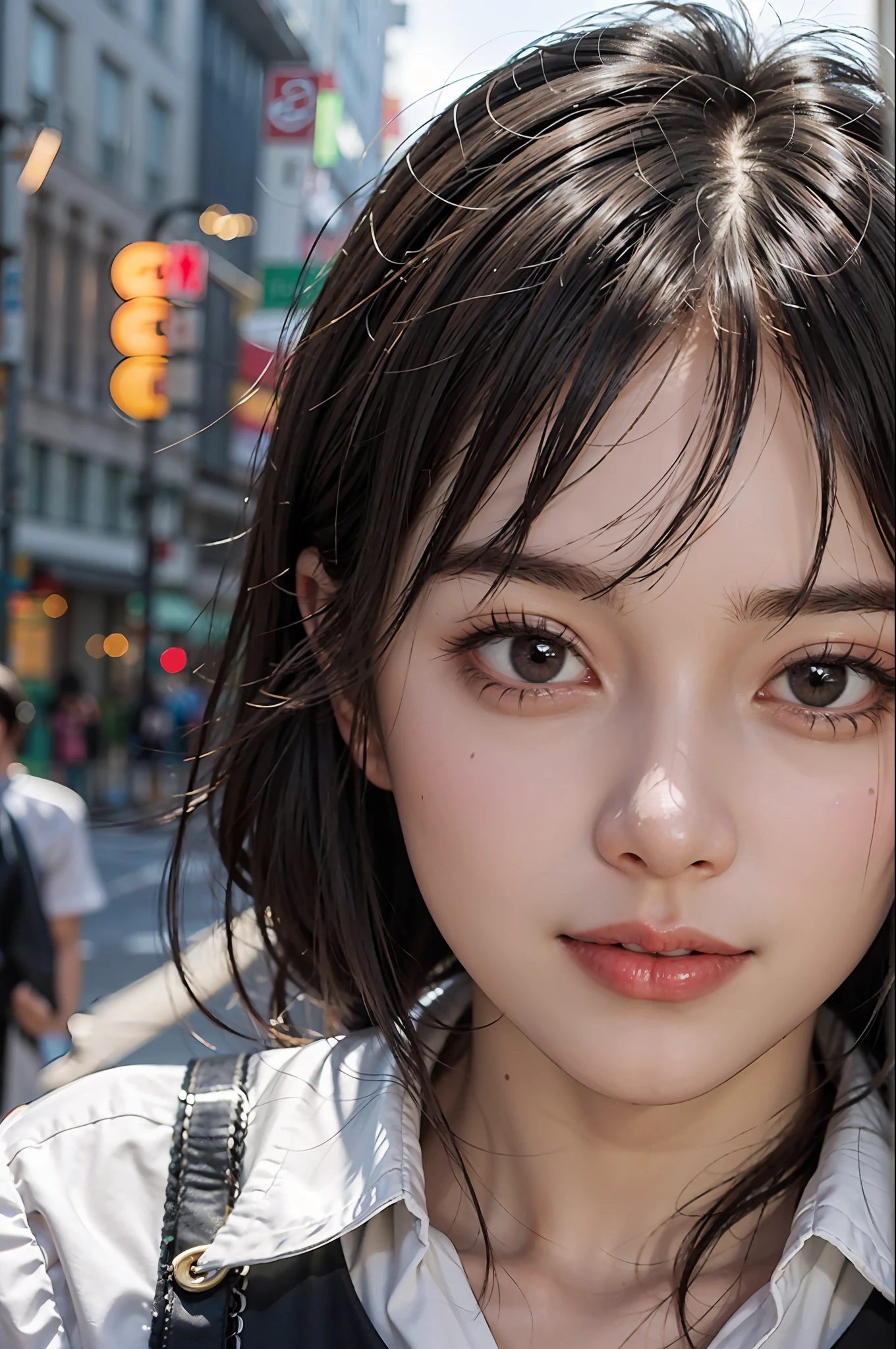 masterpiece, 1 beautiful girl, detailed eyes, puffy eyes, best quality, ultra high definition, (reality: 1.4), original photo, 1Girl, cinematic lighting, smile, Japan, asian beauty, korean, neat atmosphere, super beautiful, little young face, beautiful skin, slender, cyberpunk background, (ultra realistic), (high resolution), (8k), (very detailed), (best illustration) , (beautiful and detailed eyes), (super detailed), (wallpaper), (detailed face), look at the viewer, fine details, detailed face, pureerosfaceace_v1, smile, 46-point diagonal bangs, facing straight ahead, neat clothes, black colored eyes, hair wet in the rain, clothes (fashionable plain folding collar irregular shirt feeling date dress), body facing forward,