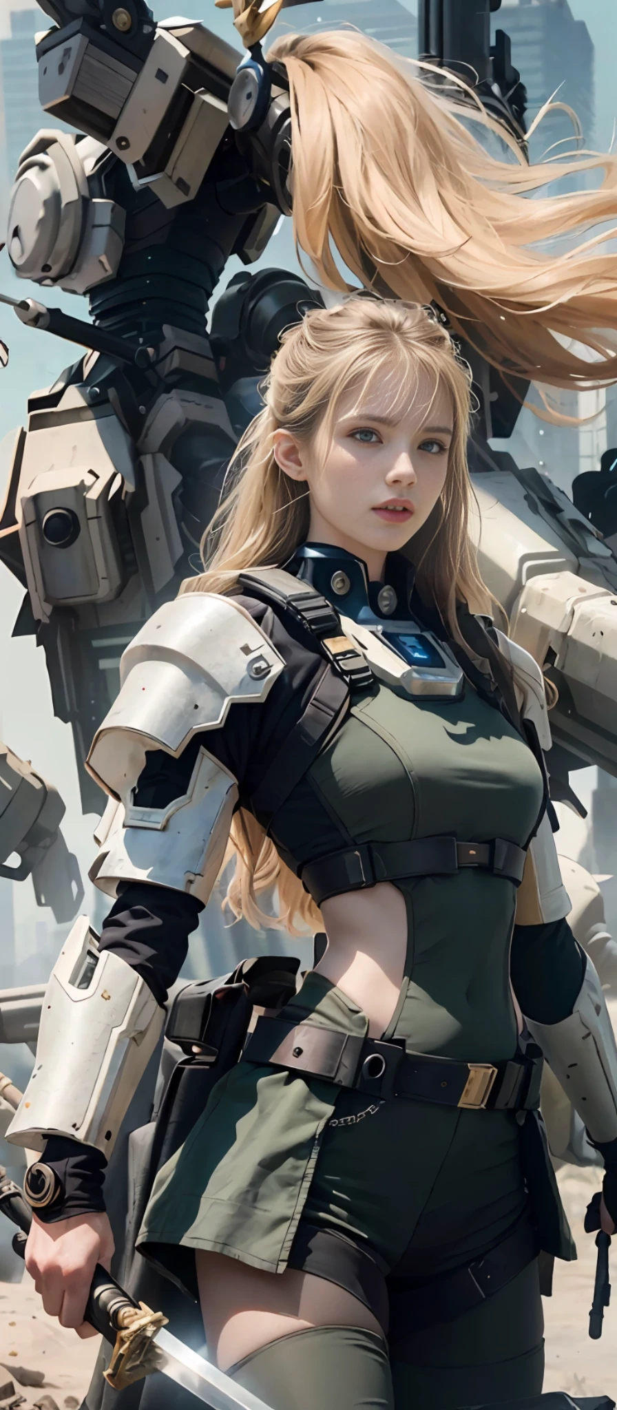 Masterpiece, Best Quality, Film, Official Art, Sand colors, Natural colorsPropaganda Art, Movie Wallpaper, Very Detailed CG Unified 4k Wallpaper, Intricate Details, White Background, Upper Body, Facial Focus, Concept Art, Production Art, ( , Highres, (realistic, photo-realistic:1.2), physically-based rendering, machinery, reflection, realistic, cyberpunk, symmetric front view close up head shot eyes symmetry face very sharp focus realistic award winning matte drawing movie light 1 boy, mecha, (Illustration: 1.1), slim, fair skin, delicate face, king robe, shine, tights, (long blonde hair), green eyes, battlefield, chip, shine, sword