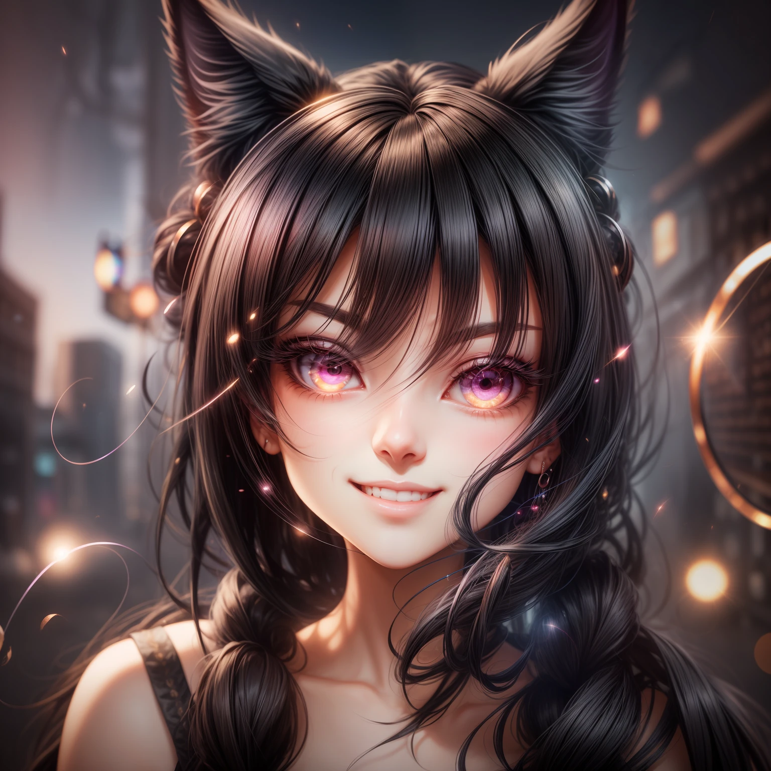 black hair, hair bobbles, wince, longeyelashes, solid circle eyes, fake animal ears, light smile, ear blush, fang, Surrealism, drop shadow, anaglyph, stereogram, tachi-e, pov, atmospheric perspective, 8k, super detail, ccurate, best quality --auto