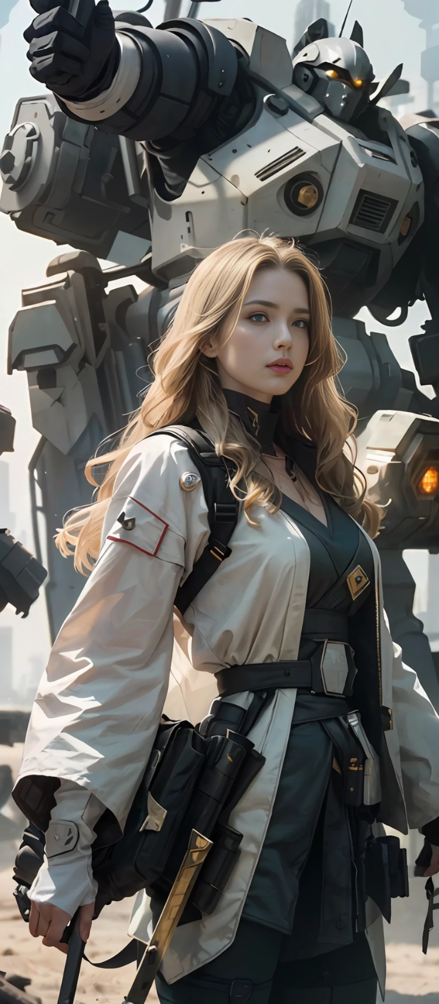 Masterpiece, Best Quality, Film, Official Art, Sand colors, Natural colorsPropaganda Art, Movie Wallpaper, Very Detailed CG Unified 4k Wallpaper, Intricate Details, White Background, Upper Body, Facial Focus, Concept Art, Production Art, ( , Highres, (realistic, photo-realistic:1.2), physically-based rendering, machinery, reflection, realistic, cyberpunk, symmetric front view close up head shot eyes symmetry face very sharp focus realistic award winning matte drawing movie light 1 boy, mecha, (Illustration: 1.1), slim, fair skin, delicate face, king robe, shine, tights, (long blonde hair), green eyes, battlefield, chip, shine, sword