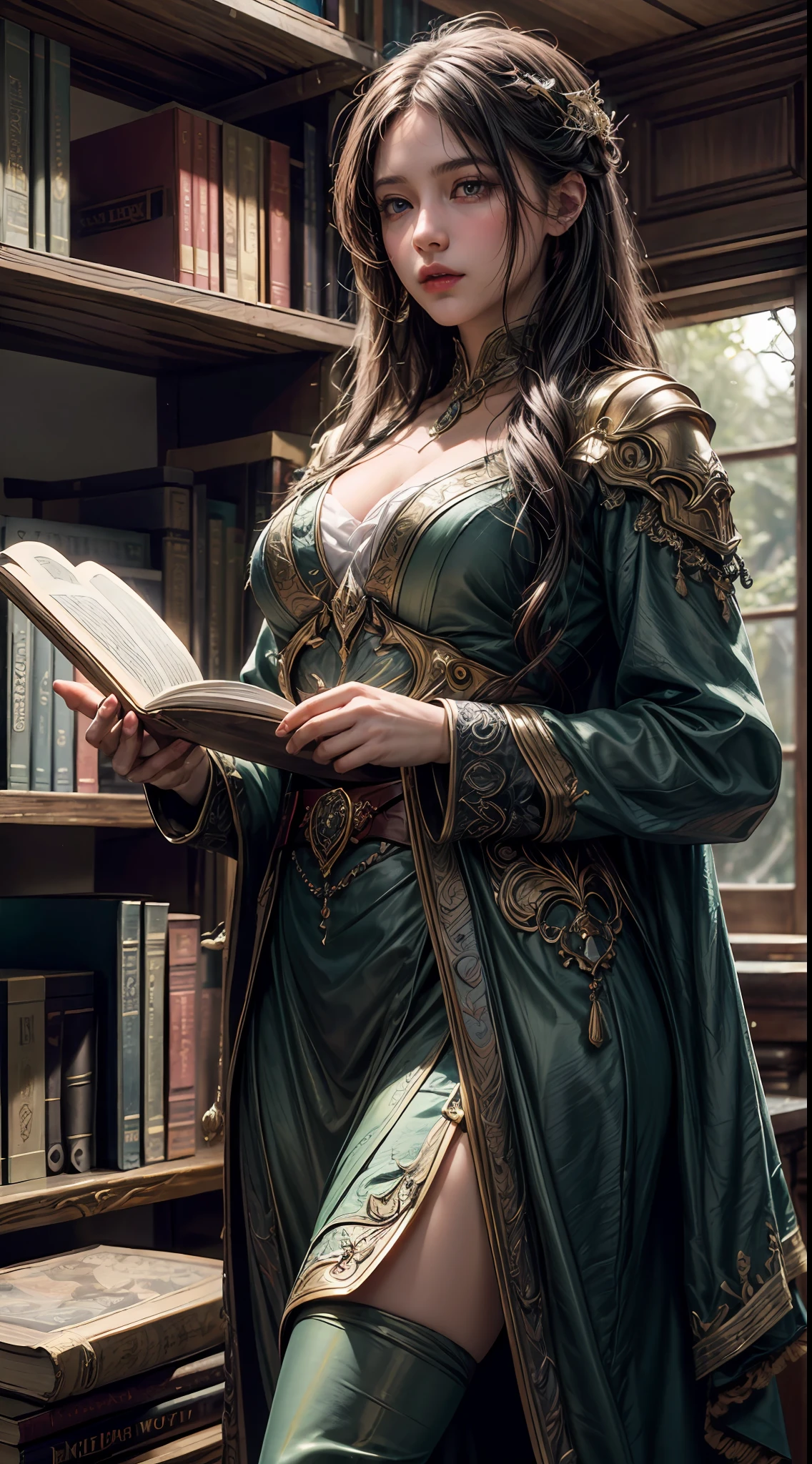 (extremely detailed, masterpiece), 8k wallpaper CG, magic book on (bookshelf:1.1),(floating bookshelf:1.2),(crammed bookshelf:0.9) with (strange:1.2) radiant glow, immersed in the atmosphere of (fantasy:1.3),(mythology:1.2),(enchantment:1.1), close up, depth of field, HDR, intricate