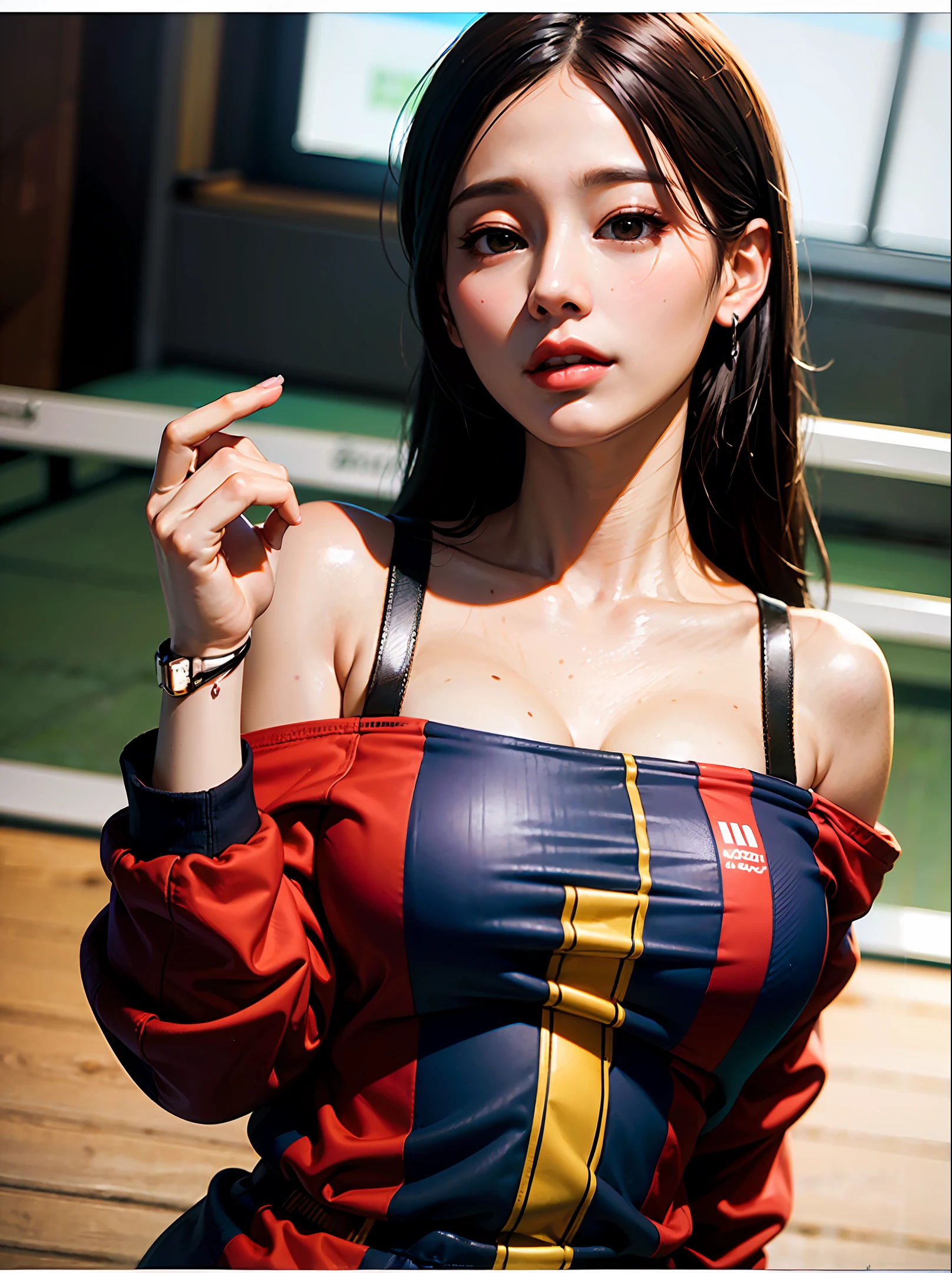 big breastes, 4K, hight resolution, tmasterpiece, hiquality, cap: 1.3, (((Hasselblad photo)), fine skin, Sharp focus, 鎖骨, soft-lighting, [:( detailized face: 1.2):0.2], (on the volleyball court))), exterior, delicate body, small hips, skinny waist, Orientate, nasal nose, well-proportioned, hip gap, Miniature figure, (thights: 0,1), skinny waist, thin lips, (shoulder width: 0,07), beatiful face, (waist: 0,07), (neck: 0,001), (Large spit: 0,09), (anterior iliac spine: 0,008), (Torso length: 3)