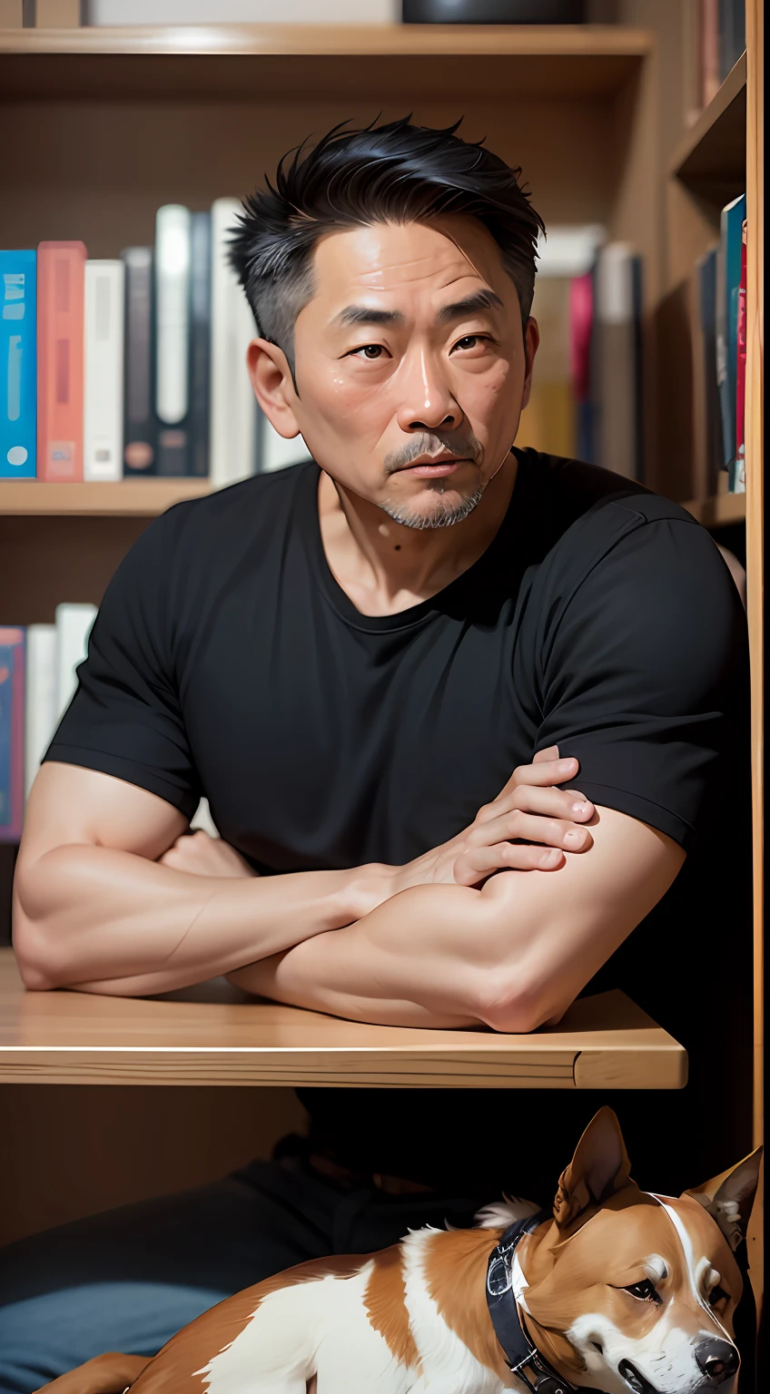 An Asian man, man in his 40s, slightly gray hair, brown eyes, black shirt, sitting in front of a bookcase, with a dog beside him, 50mm lens portrait, 50mm portrait , old man 50 years old, photo of man, photo taken with sony a7r, portrait shot 8k, taken with sony alpha 1 camera