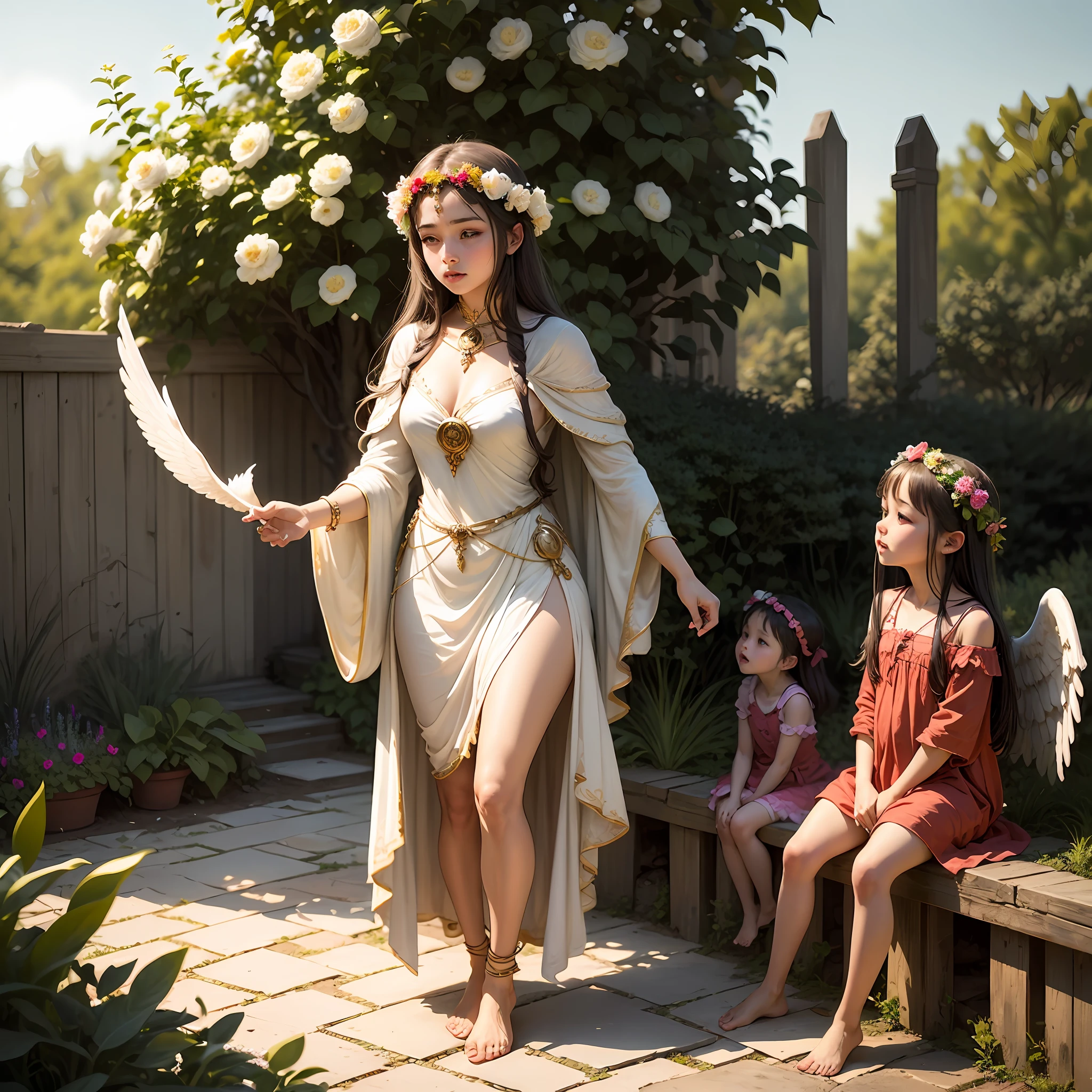 The goddess of youth with a garland，Has white wings，Barefoot，on the garden，And a lot of little girls，The hue is warm --auto