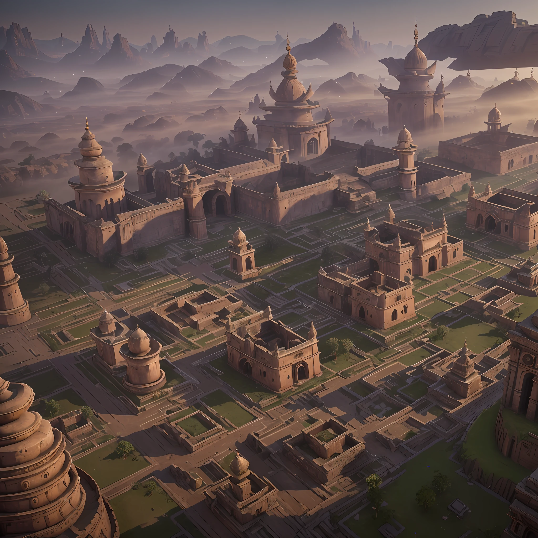 Ultrawide aerial shot of 5,000-year-old Indian city with Indian architecture. Ornate pillars, dozens of " intricate carvings temples spread across area large" and 100' of golden palaces, houses Spread across large area and Surrounded by a moat and a high wall. Buiit on a grid system. low fog around. 3D Game Cinematic Feel, Epic 3D Videogame Graphics, Intricately Detailed, 8K Resolution, Dynamic Lighting, Unreal Engine 5, CryEngine, Trending on ArtStation, HDR, 3D Masterpiece, Unity Render, Perfect Composition