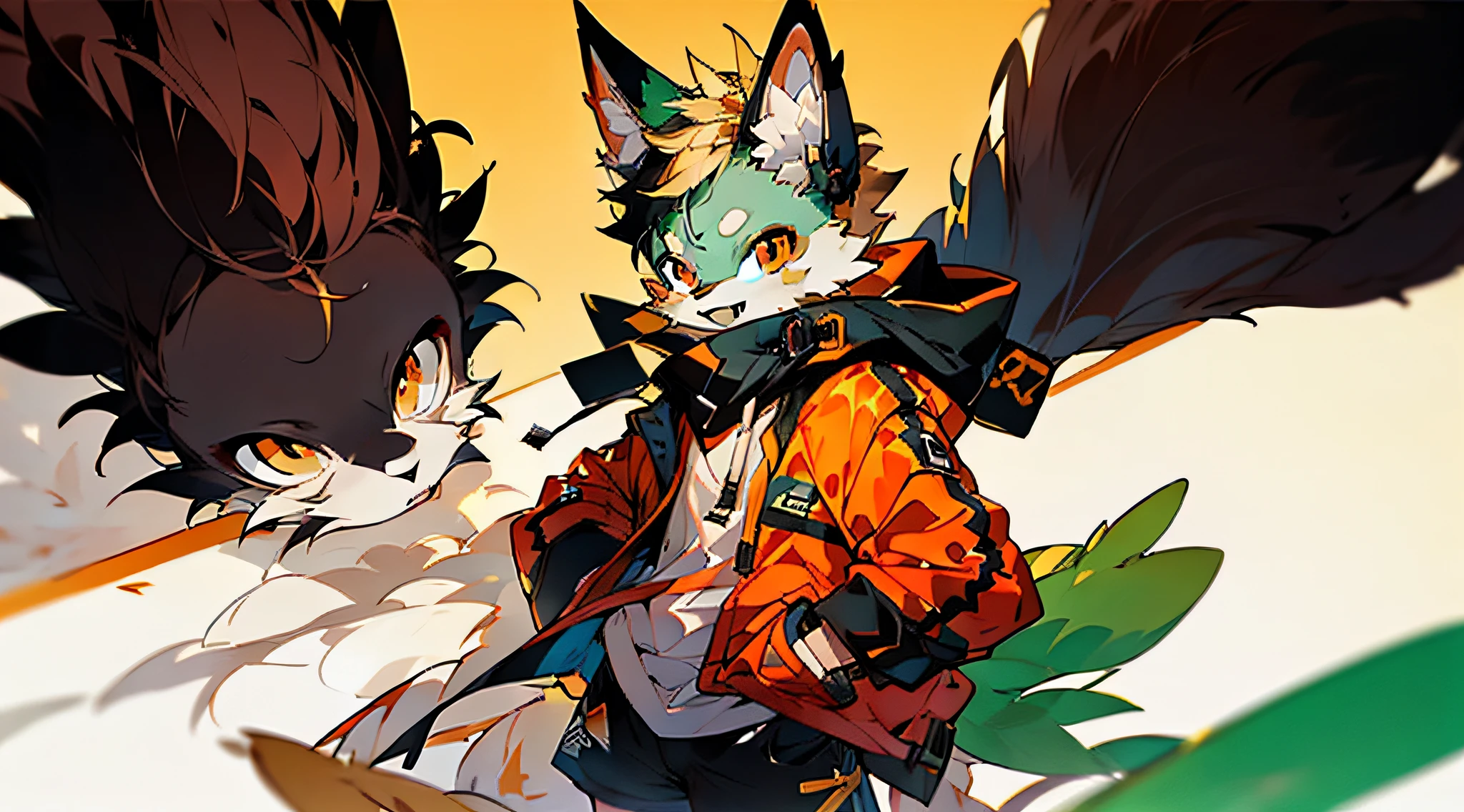 shota,furry,cute,lovely,(white colors) fur,(Black on the right, orange on the left) ears,(Blue on the right, gold on the left) eyes,hoodie,(verde claro) shorts,warm lights,daytime,fantastic shadow light
