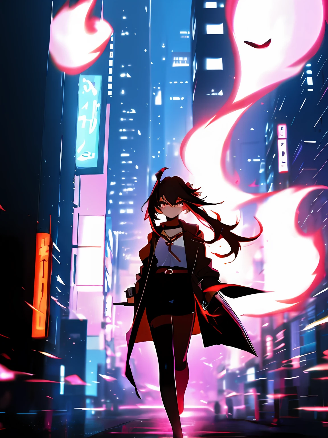 Anime girl for city nights, style of anime4 K, Anime art wallpaper 8 K, Anime art wallpaper 4 K, Anime art wallpaper 4k, Anime wallpaper 4 k, Anime wallpaper 4K, Best anime 4k konachan wallpaper, 4K anime wallpaper, Badass anime 8 K, Digital cyberpunk anime art, Anime style. 8K，The girl was followed by many translucent ghosts