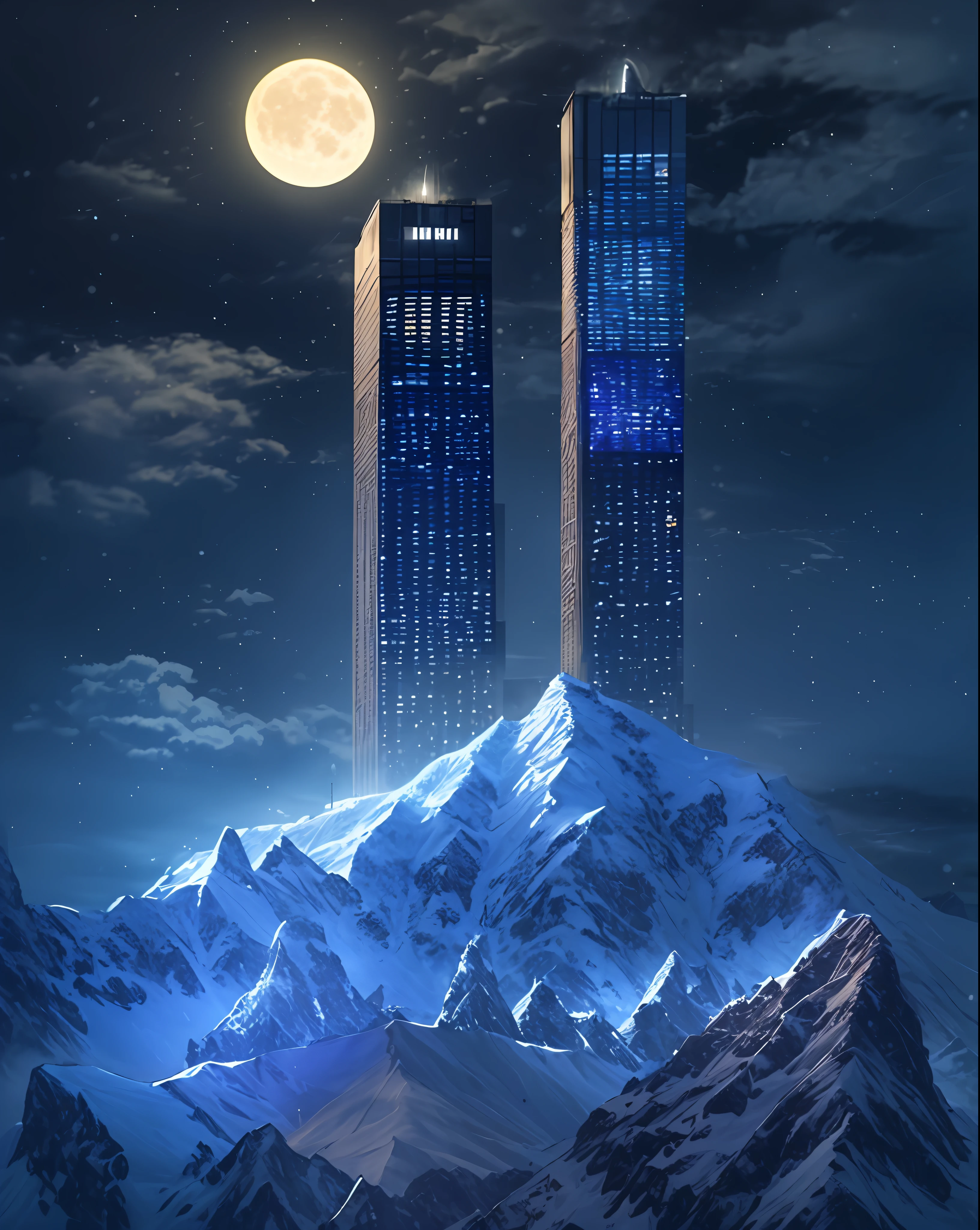 masterpiece, best quality,snowmountain,winter,skyscraper, night, neon lights,moon,lamppost,