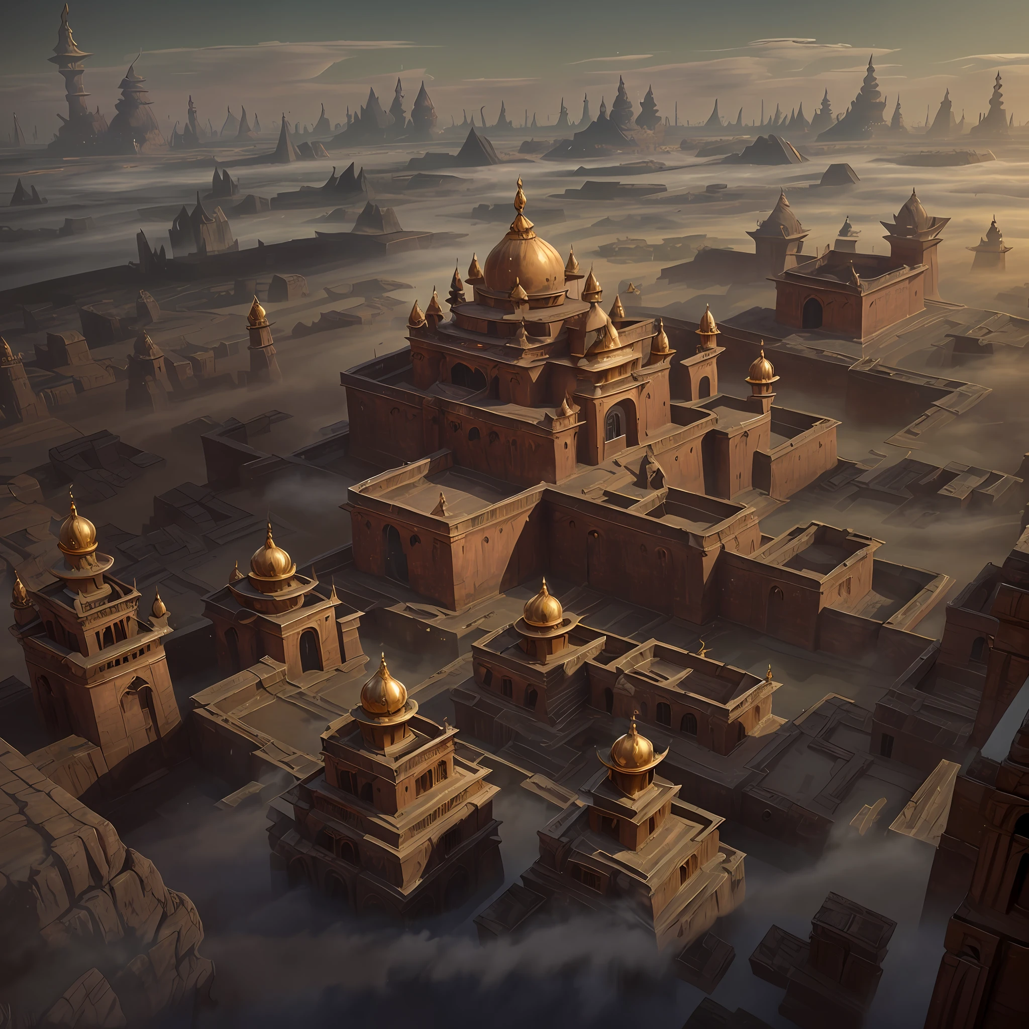 Ultrawide aerial shot of 5,000-year-old Indian city with Indian architecture. Ornate pillars, dozens of " intricate carvings temples spread across area large" and 100' of golden palaces, houses Spread across large area and Surrounded by a moat and a high wall. Buiit on a grid system. low fog around. detailed matte painting, deep color, fantastical, intricate detail, splash screen, complementary colors, fantasy concept art, 8k resolution trending on Artstation Unreal Engine 5