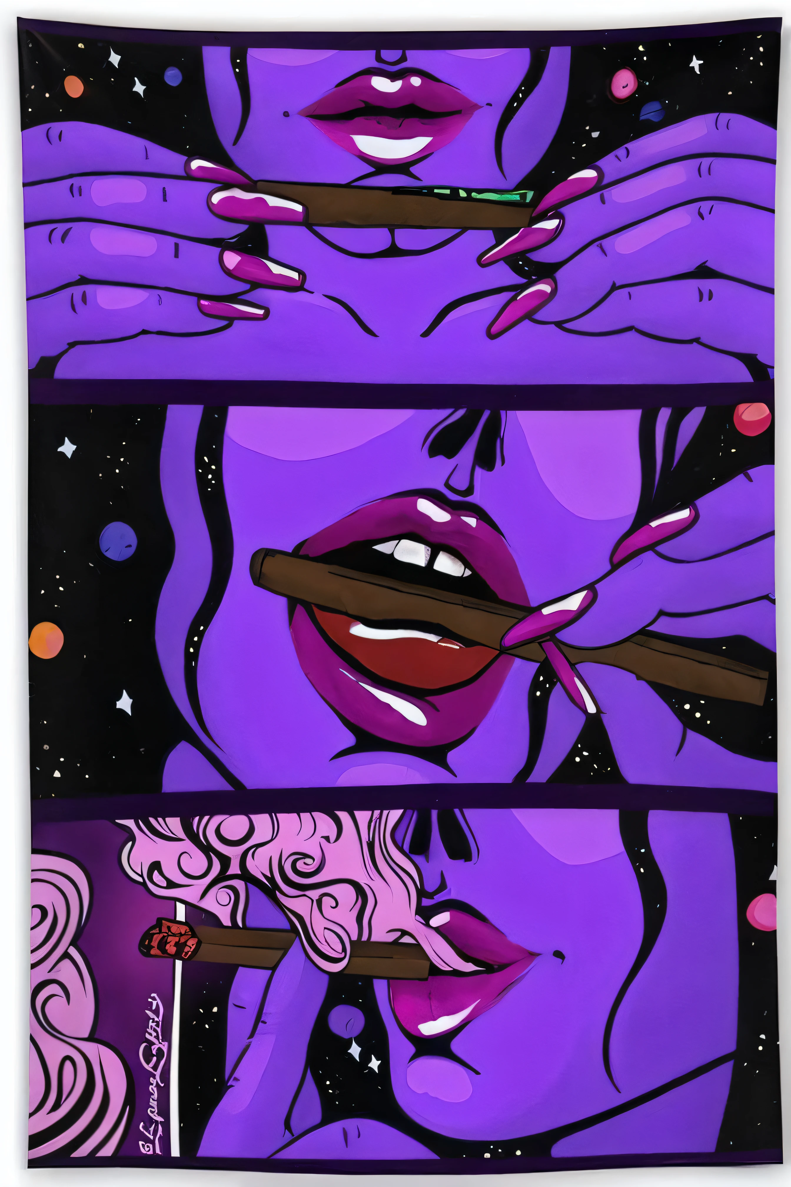 A purple woman,Cigars and cigarettes in his mouth, purple alien, black light velvet poster, violet polsangi pop art, Purple drink, inspired by Asaf Hanuka, Purple haze, trippy mood, vaporwave cartoon, blacklight aesthetic, Purple smoke, lsd trip, Purple tube, loish |, psychedelic aesthetic, toon aesthetic