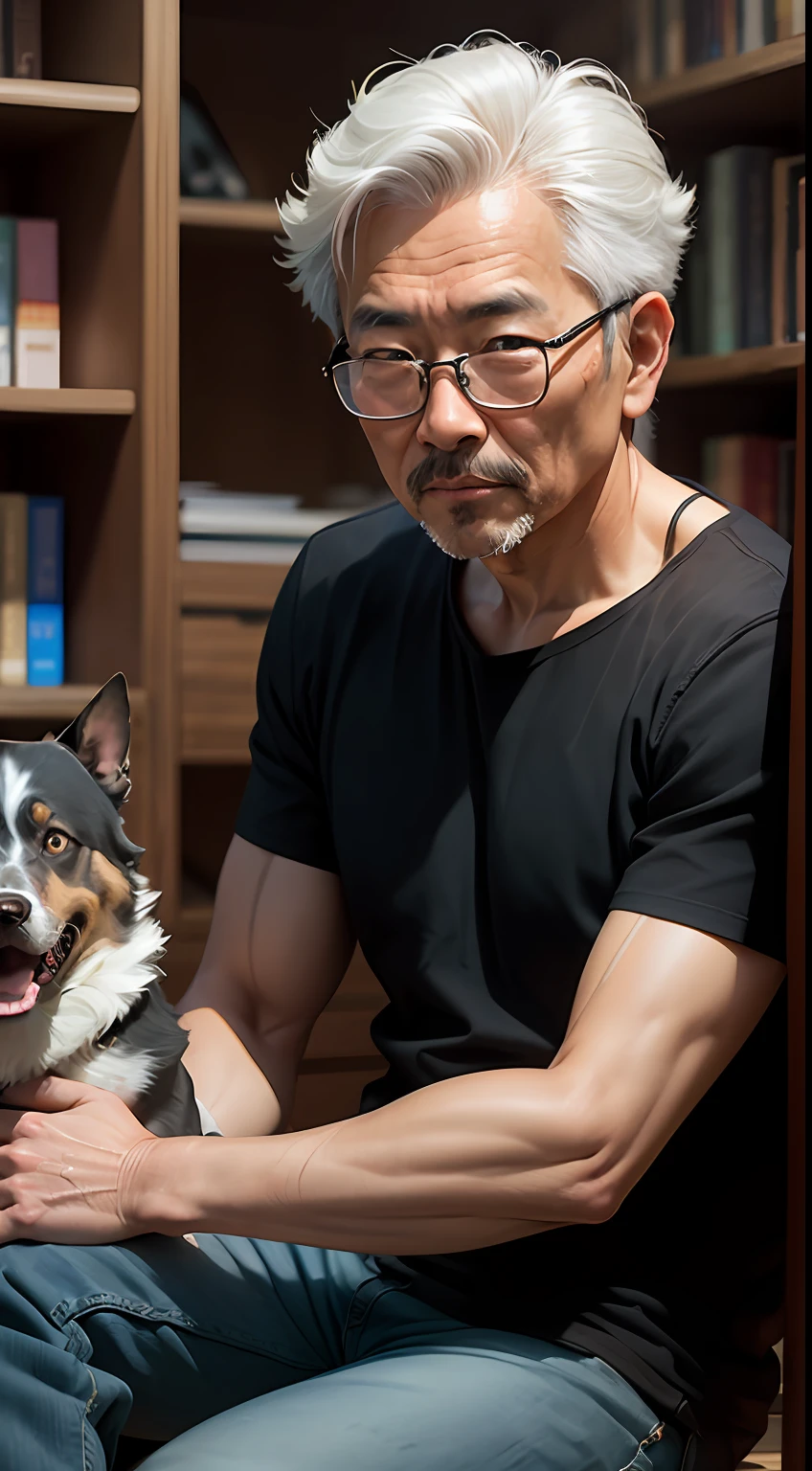 An Asian man, man in his 40s, slightly gray hair, brown eyes, black shirt, sitting in front of a bookcase, with a dog beside him, 50mm lens portrait, 50mm portrait , old man 50 years old, photo of man, photo taken with sony a7r, portrait shot 8k, taken with sony alpha 1 camera