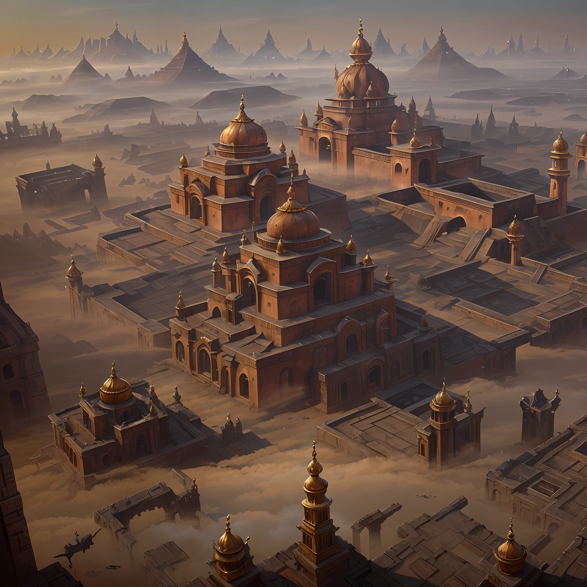 Ultrawide aerial shot of 5,000-year-old Indian city with Indian architecture. Ornate pillars, dozens of " intricate carvings temples spread across area large" and 100' of golden palaces, houses Spread across large area and Surrounded by a moat and a high wall. Buiit on a grid system. low fog around. detailed matte painting, deep color, fantastical, intricate detail, splash screen, complementary colors, fantasy concept art, 8k resolution trending on Artstation Unreal Engine 5