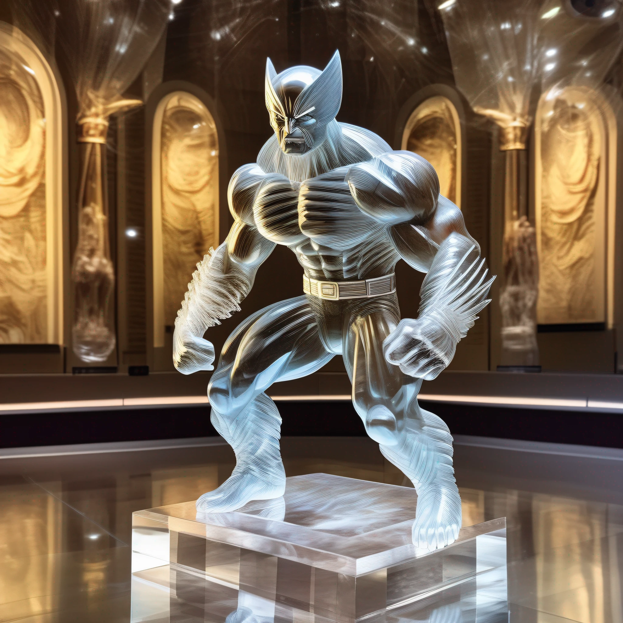 instagram photo, wolverine statue in transparent crystal, wide angle, hyper detailed, crystal eyes, studio photo, made of ornate transparent crystal, on an exhibition altar, museum background