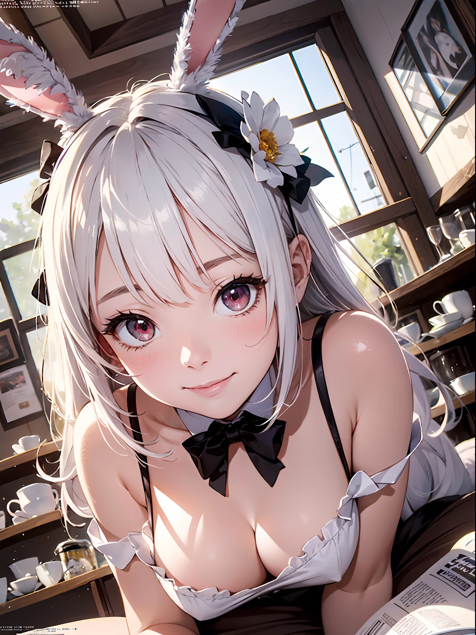 {best quality}, {{masterpiece}}, {highres}, original, extremely detailed 8K wallpaper, 1girl, {an extremely delicate and beautiful},,ray tracing,coffee house,(magazine cover),bunny girl,solo,bunny_ears,hime_cut,white_hair,red eyes,smile,Bunny Girl,(pov crotch),Lie down