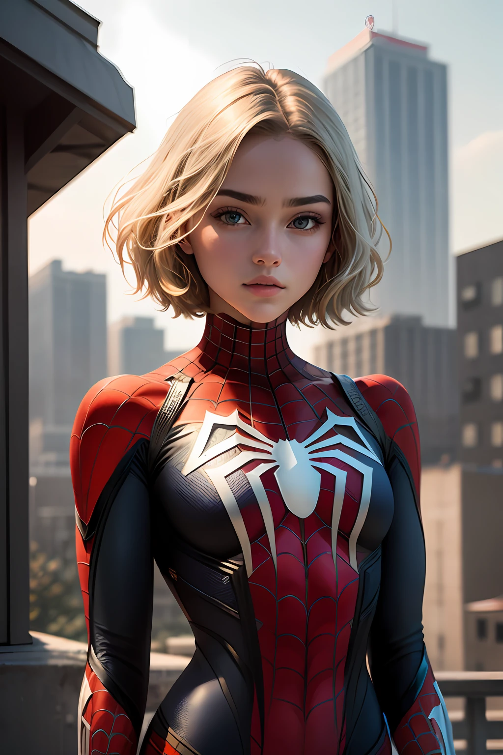 18-year-old girl, white spider-man suit, short dull hair, blonde, beautiful face, roof, masterpiece, intricate details, perfect anatomy