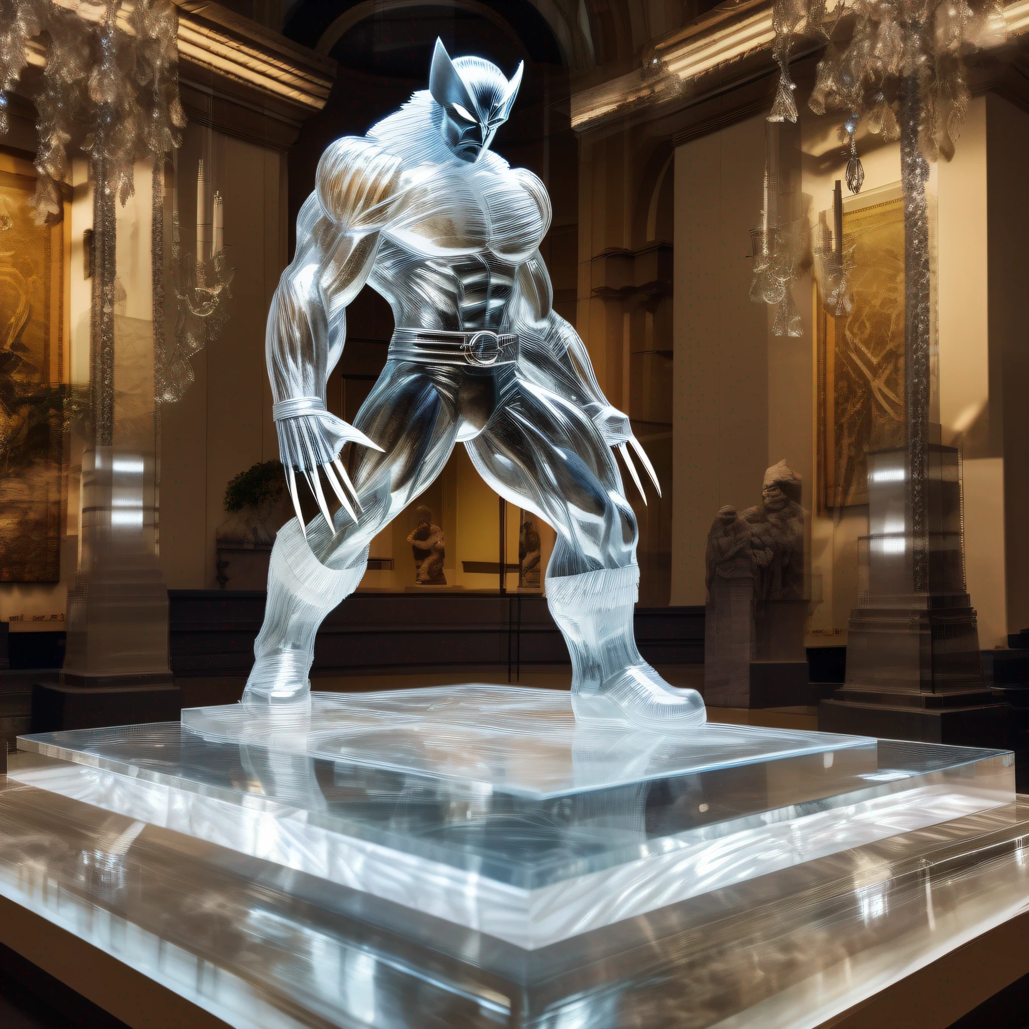 instagram photo, wolverine statue in transparent crystal, wide angle, hyper detailed, crystal eyes, studio photo, made of ornate transparent crystal, on an exhibition altar, museum background