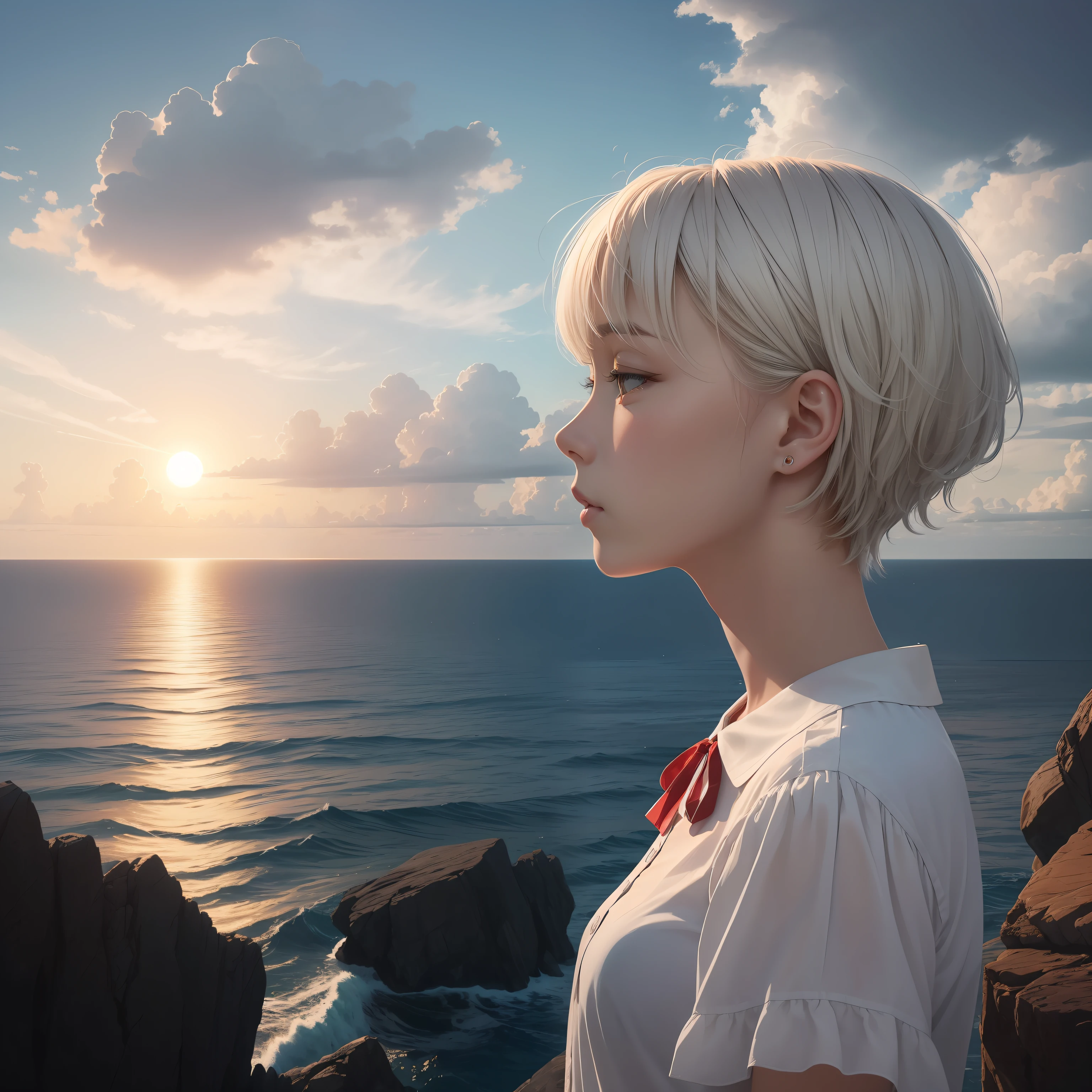 The 16-year-old girl wears a red and white blouse，Slightly short hair，White hair gently blows，The gentle sun and the breeze of the sea mingle，The clouds change，The viewing angle is viewed from the side，Based on surrealism，Incorporate stereoscopic drawings and stereoscopic effects，Nuanced shadow relief，Eight K resolution of the atmosphere，Extreme detail and picture accuracy，It is the best quality picture。 --auto