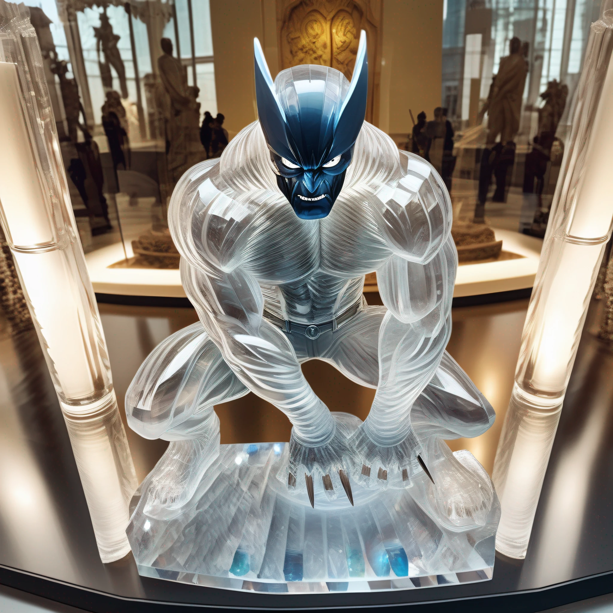 instagram photo, wolverine statue in transparent crystal, wide angle, hyper detailed, crystal eyes, studio photo, made of ornate transparent crystal, on an exhibition altar, museum background