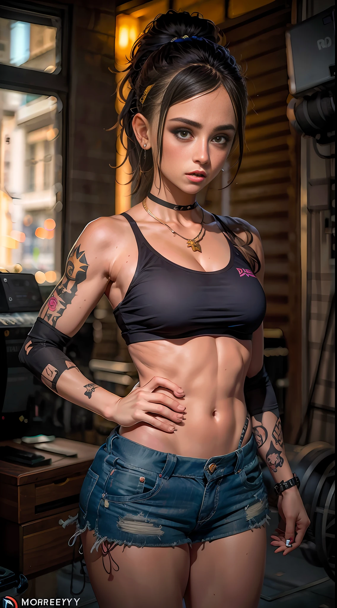 ((Toma de retrato)) Tacticool, Hermosos dedos,Dedos detallados,Mujer, Cara europea, Estilo Tank Girl, Chica punk-rock(Pelo Corto morado y rosa: 1.5), muy tatuado, rebelde, agresiva, encantadora,Chica alternativa,falda militar,(Oeste: 1.2), Ametralladora en manos,militar, 4k, High resolution, obra maestra, La mejor calidad, (cabeza: 1.3), cuero finamente detallado, escote, Gran cerezo en flor.falda,Lean towards the viewer