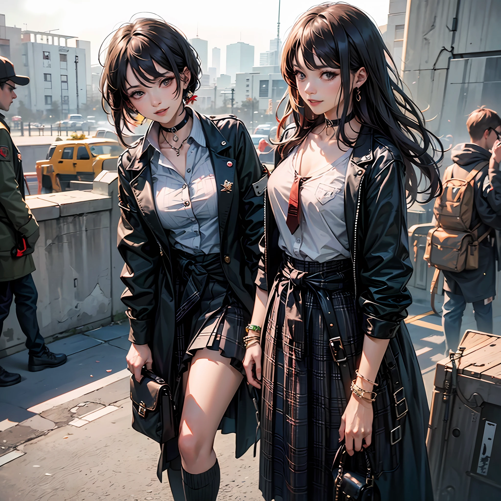 masterpiece, best quality, full body, 1girl, bangs, black choker, black necktie, black hair, blue skirt, blush, bracelet, breasts, choker, clothes around waist, collarbone, collared shirt, cowboy shot, dress shirt, ear piercing, eyebrows visible through hair, gradient hair, grin, gyaru, jewelry, kogal, long hair, looking at viewer, loose necktie, necktie, piercing, plaid, plaid skirt, pleated skirt, red eyes, ring, school uniform, shirt, skirt, smile, solo, white shirt, street, sky, cherry blossoms, petals,illustration, (magazine:1.3), (cover-style:1.3), fashionable, woman, vibrant, outfit, posing, front, colorful, dynamic, background, elements, confident, expression, holding, statement, accessory, majestic, coiled, around, touch, scene, text, cover, bold, attention-grabbing, title, stylish, font, catchy, headline, larger, striking, modern, trendy, focus, fashion, --auto