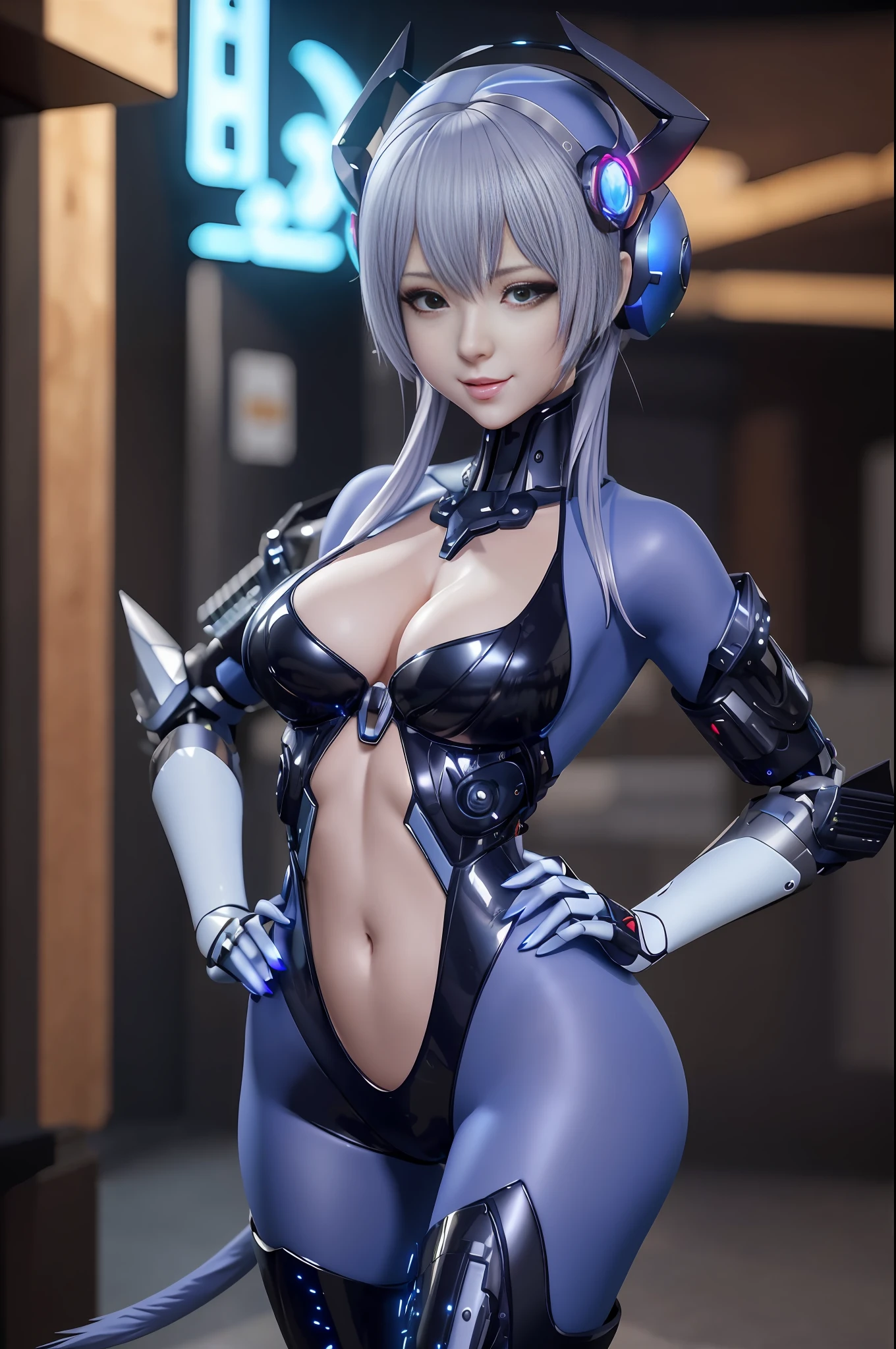 a close up of a woman in a cat suit posing for a picture, perfect android girl, an oppai cyberpunk, Biomechanical OPPAI, gynoid body, perfect anime cyborg woman, seductive anime girls, 8K high quality detailed art, anime figure; Full-body art, 3 D rendering character art 8 K, beautiful female android!, cyber suit, 2b