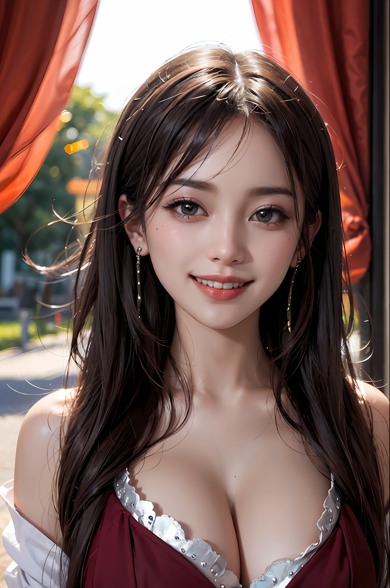 (single girl, upper body),(gigantic Laughing), sweet and alluring, radiant sun glare, enchanting bokeh, depth of field effect, blurred background, glimmering light particles, powerful wind, charming head tilt, minimalistic background, ravishing red backdrop, seductive).