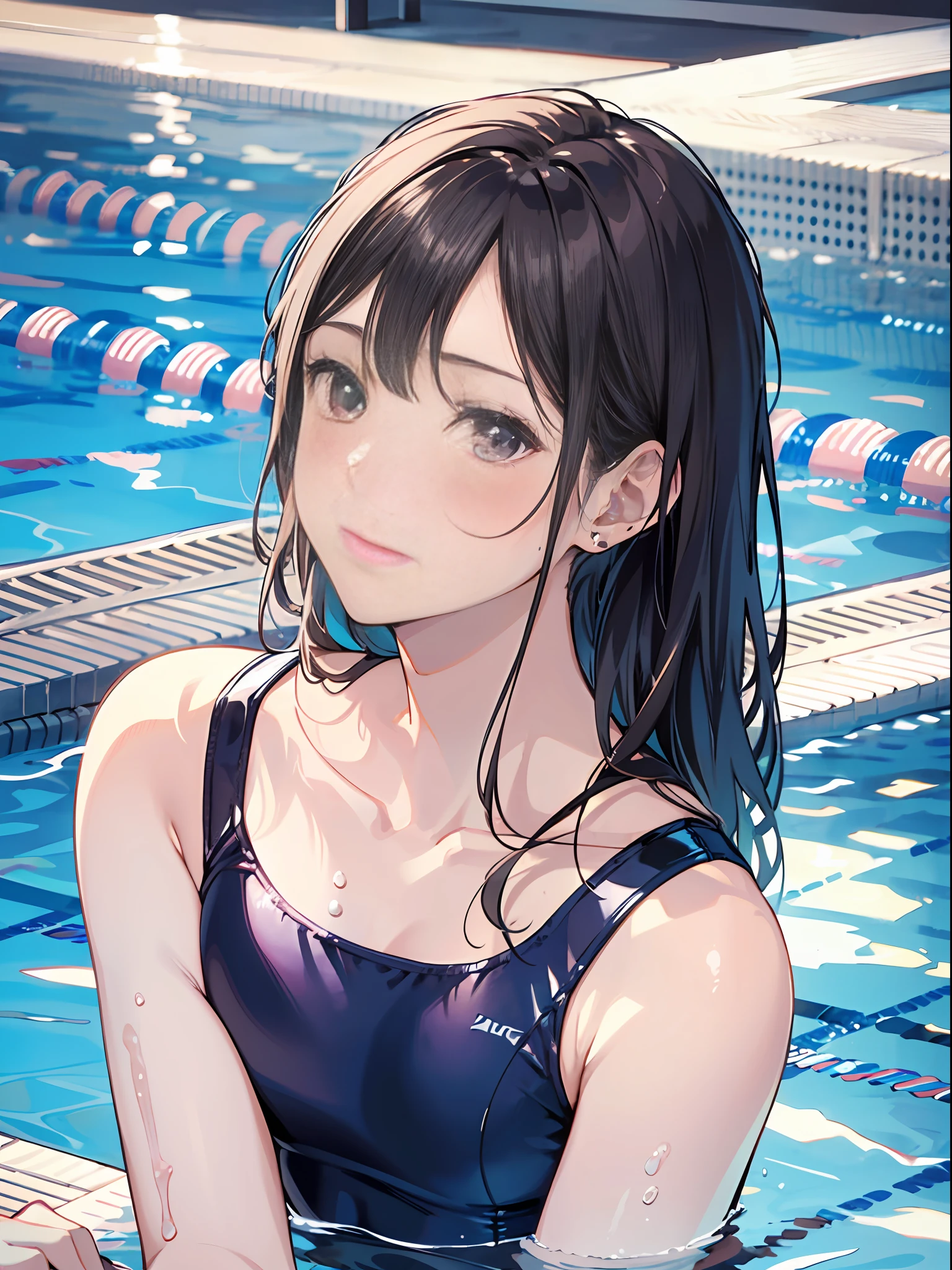 high-level image quality、top-quality、Does not blush cheeks、Slender beauty、{School swim wear}、{knee high}、shorth hair、Pose with hair raked up、swimming pools
