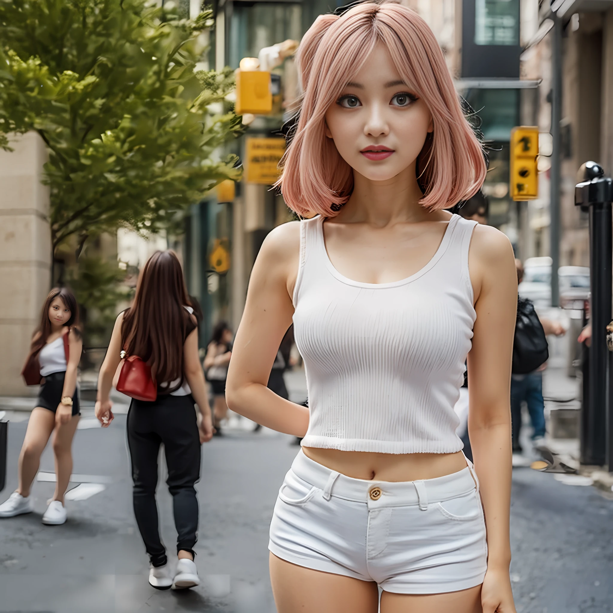 Figures, urban beautiful girl college students, masterpieces, light makeup, red lips, silver hair, messy long hair, street background, beautiful, elegant. Ultra-fine details, master works, real texture, cinematic lighting realism, perfect work, 8k, HD, exquisite facial features, white tight open-cut top, transparent white tight shorts,big boobs, slim figure, bright big eyes, smooth skin, random posing